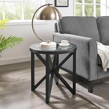 Modern Glass Coffee Table, Tempered Glass Coffee Table Solid Wood Base Round Transparent Glass Top Modern Living Room Coffee Table Cherry-S