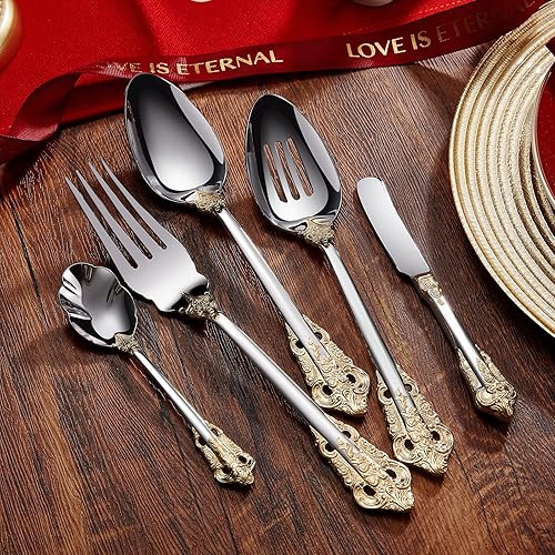 Miniatura 5 de KEAWELL Precioso juego de utensilios de servicio de anfitriona de acero inoxidable 18/10 de 5 piezas, apto para lavavajillas, acento dorado