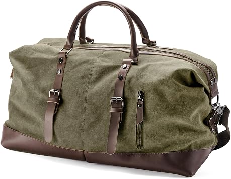 Trendhim Large Army Green Canvas and Brown Leather Duffel Bag for Men Travel Weekend Gym and Overnight Duffle Bag