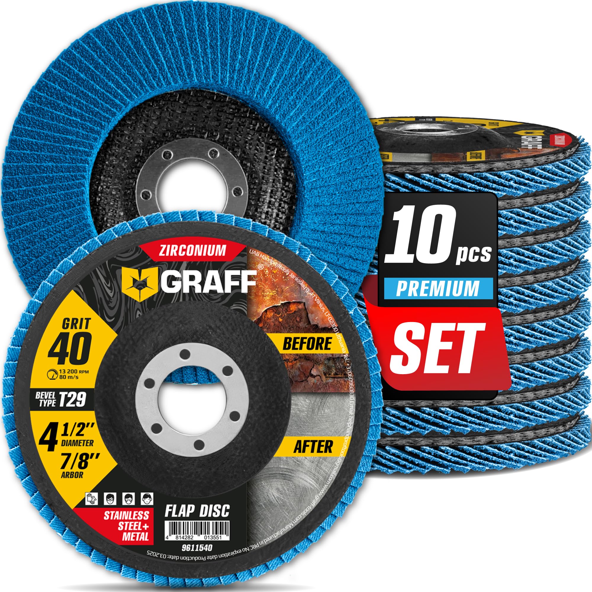 Zirconia Flap Discs 4 1/2 for Angle Grinder - 40 Grit Flap Wheels for Stainless Steel and Sheet Metal - Grinder Sanding Disc 7/8 Arbor (10 Pack) GRAFF