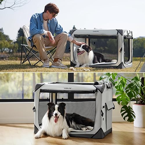 Miniatura 5 de Lesure - Jaula plegable para perros, jaula portátil de viaje para perros grandes, jaula para mascotas de 4 puertas con ventanas de malla duraderas,