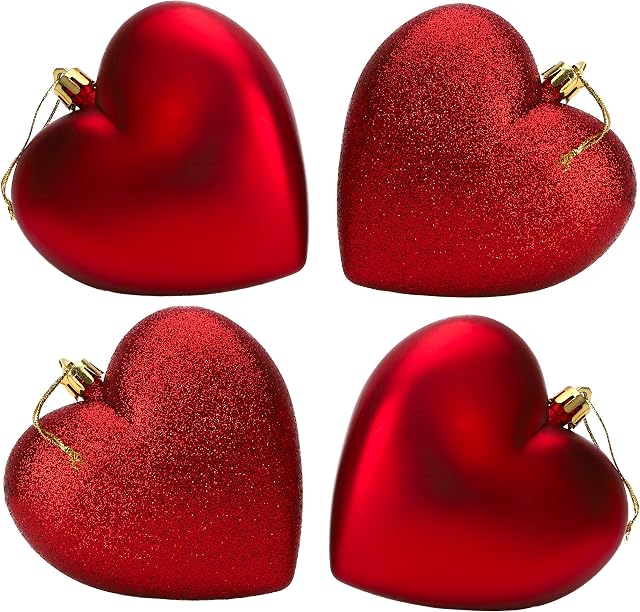 Christmas Concepts® 4-100mm Heart Shaped Baubles - Matte & Glitter Design - Christmas Decoration (Red)