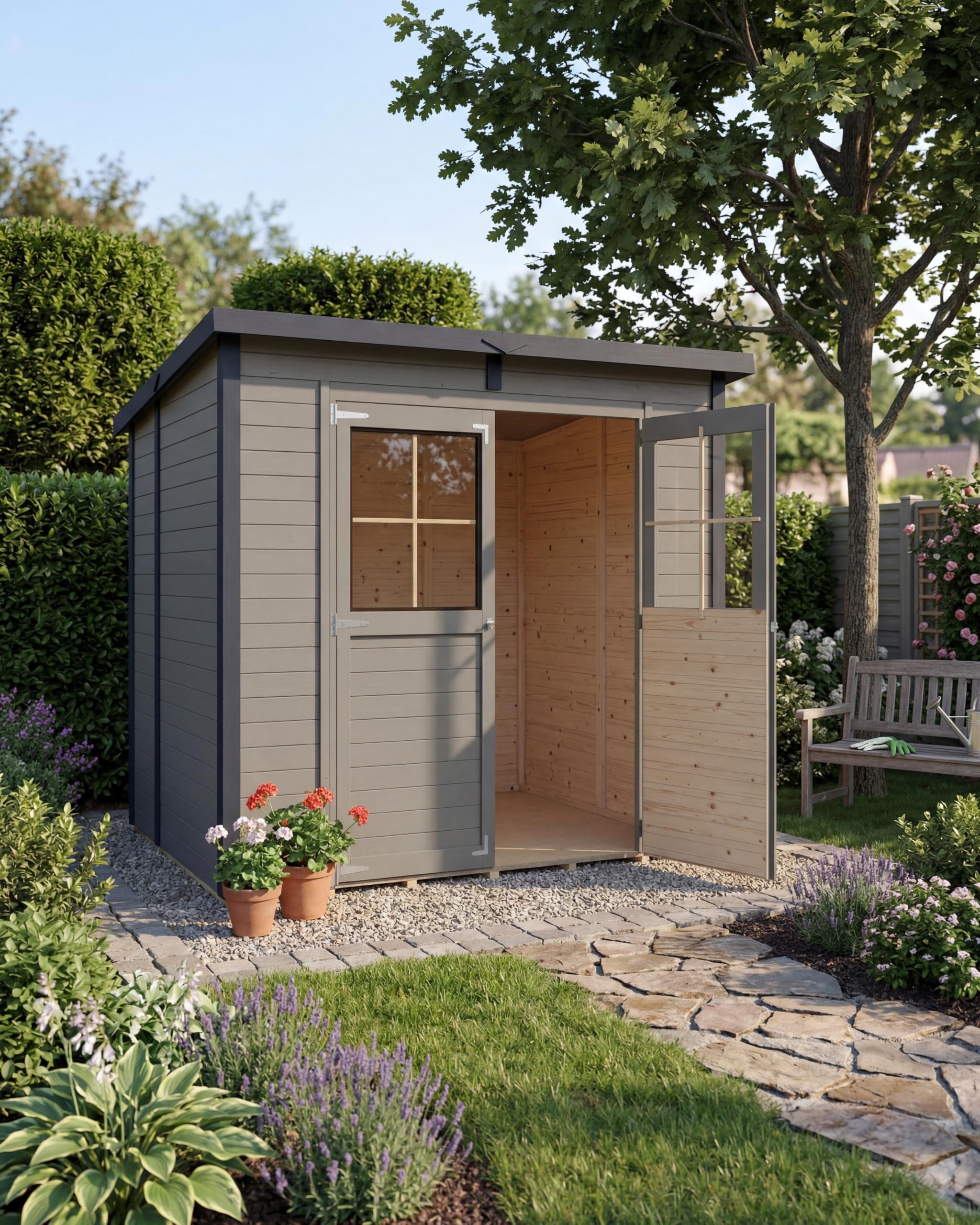 Steiner Shopping Gartenhaus Ense 03 | 12 mm Elementgartenhaus aus nordischer Fichte I Außenmaß 252 x 200 cm I Mit Fußboden & Pultdach