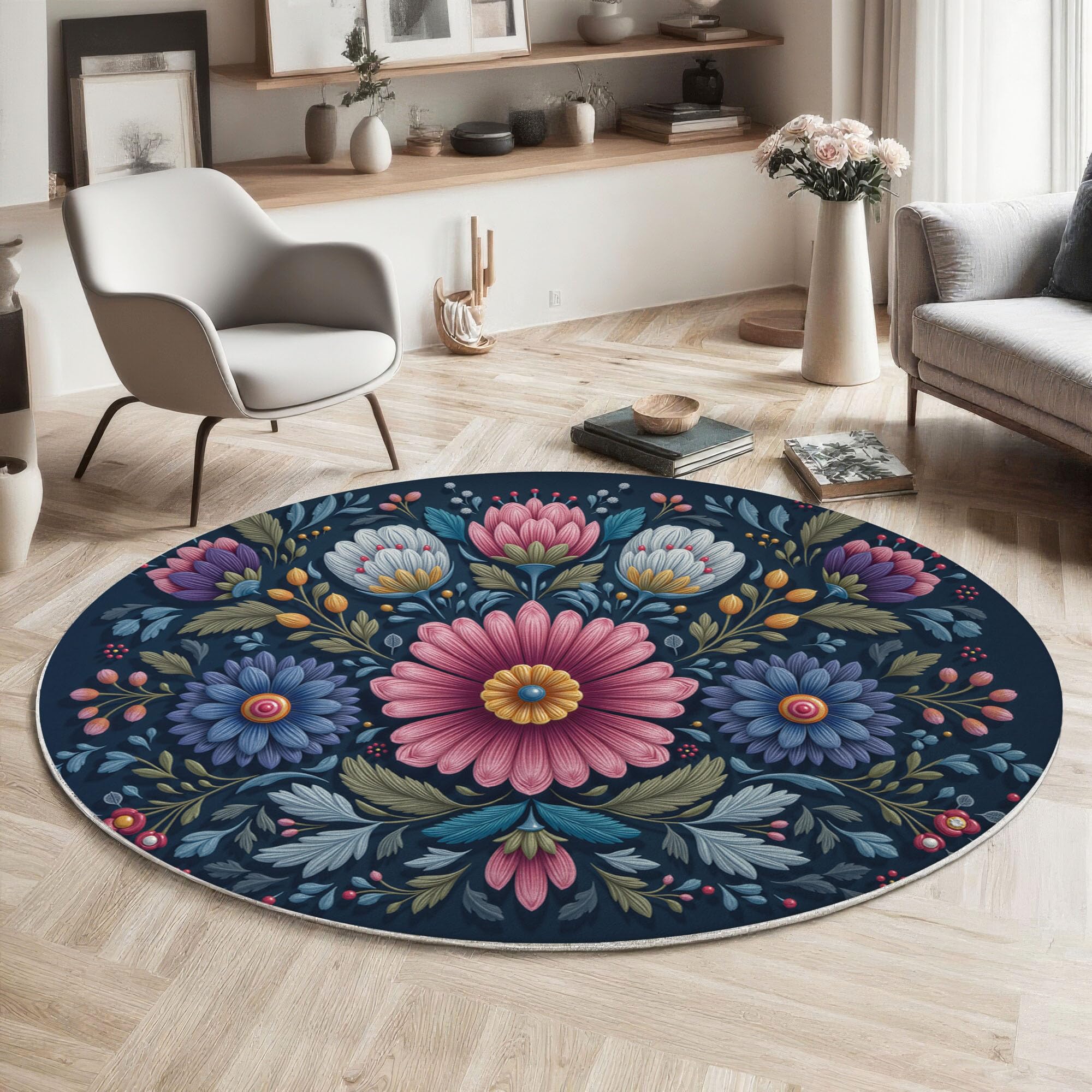 Tapis de salon rond 80cm bleu marine à fleurs 3D lavable