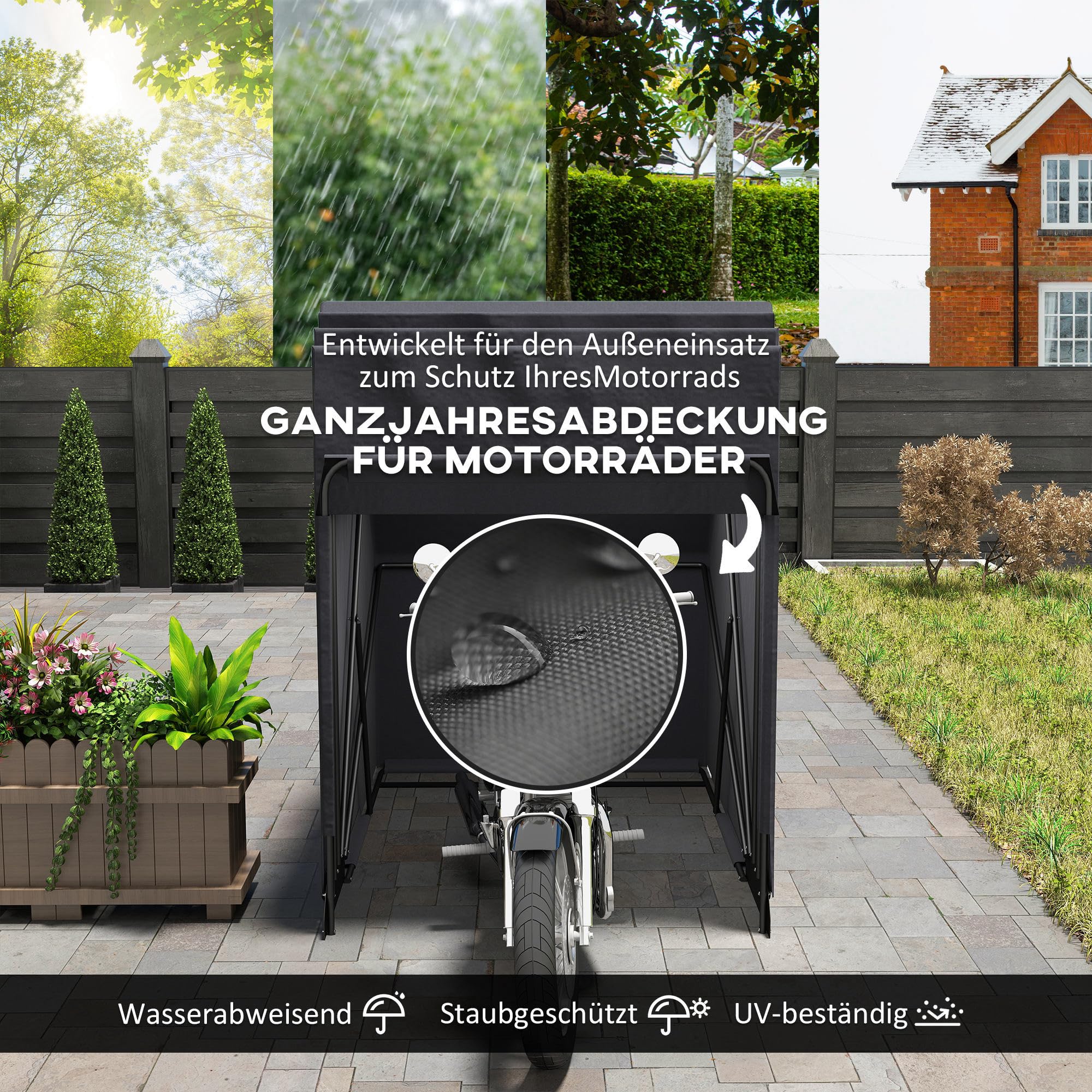 Outsunny Motorrad Abdeckplane Faltbar Outdoor Motorradabdeckung mit Fenster Wasserdicht Motorradgarage Oxford Stoff Motorradplane Abdeckung für 2 Motorräder Motorroller 345cmx135cmx191cm Schwarz