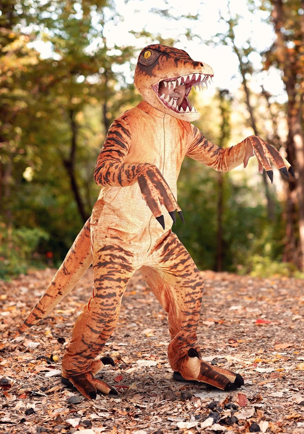 Velociraptor Costume for Adults, Scary Dinosaur Costume with Claws & Teeth, Jurassic Dino Jumpsuit for Halloween - Image 2