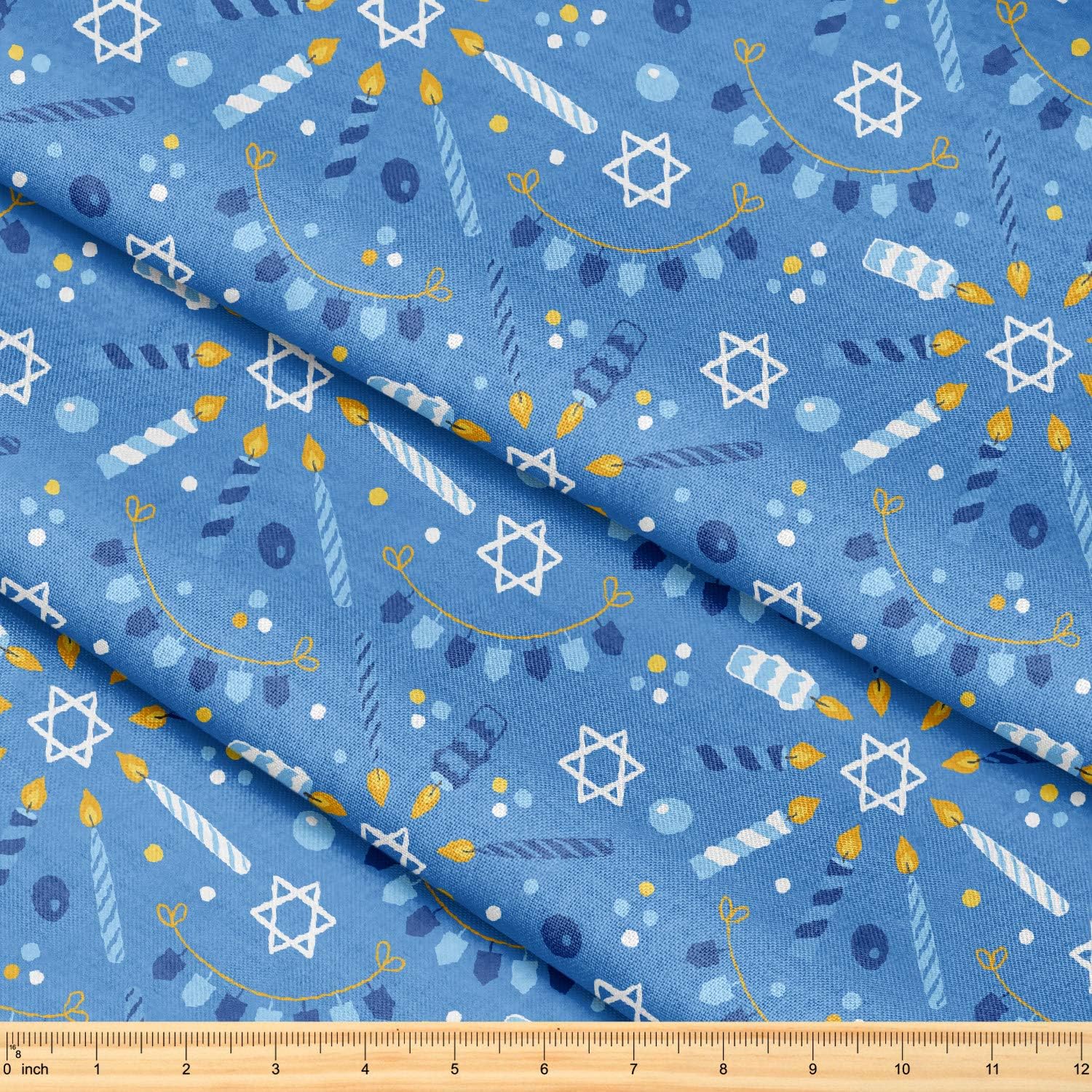Fabric by The Yard [ 58" inches x 5 Yards ] Decorative Fabric for Sewing Quilting Apparel Crafts Home Decor Accents (Hanukkah Garlands Dreidel Pattern)