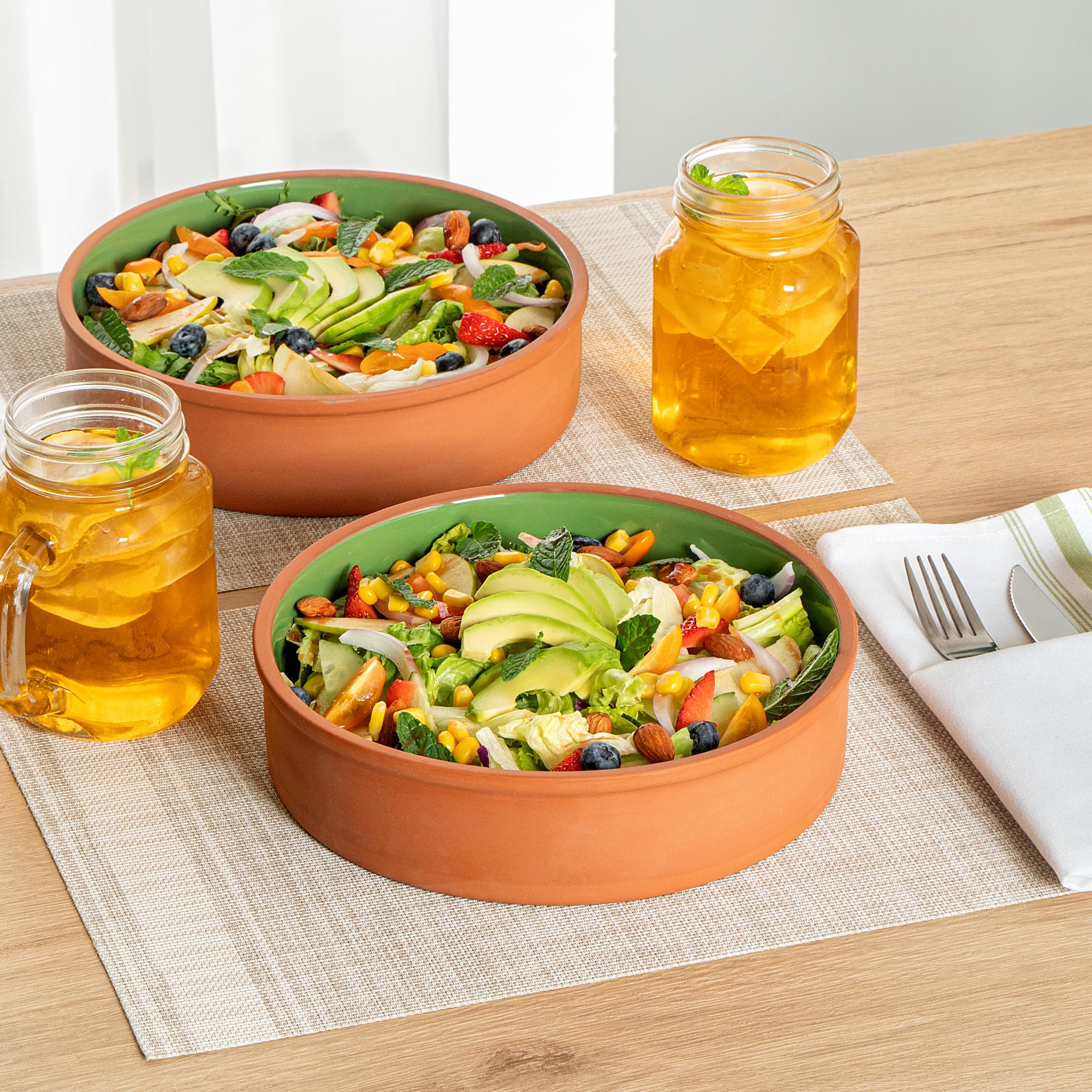 Restaurantware -Terra Tek - Cazuelas in terracotta da 1,5 l, 2 pentole in terracotta smaltata verde per cucinare, pronte per il forno, microonde, pentole in terracotta, lavabili in lavastoviglie, per
