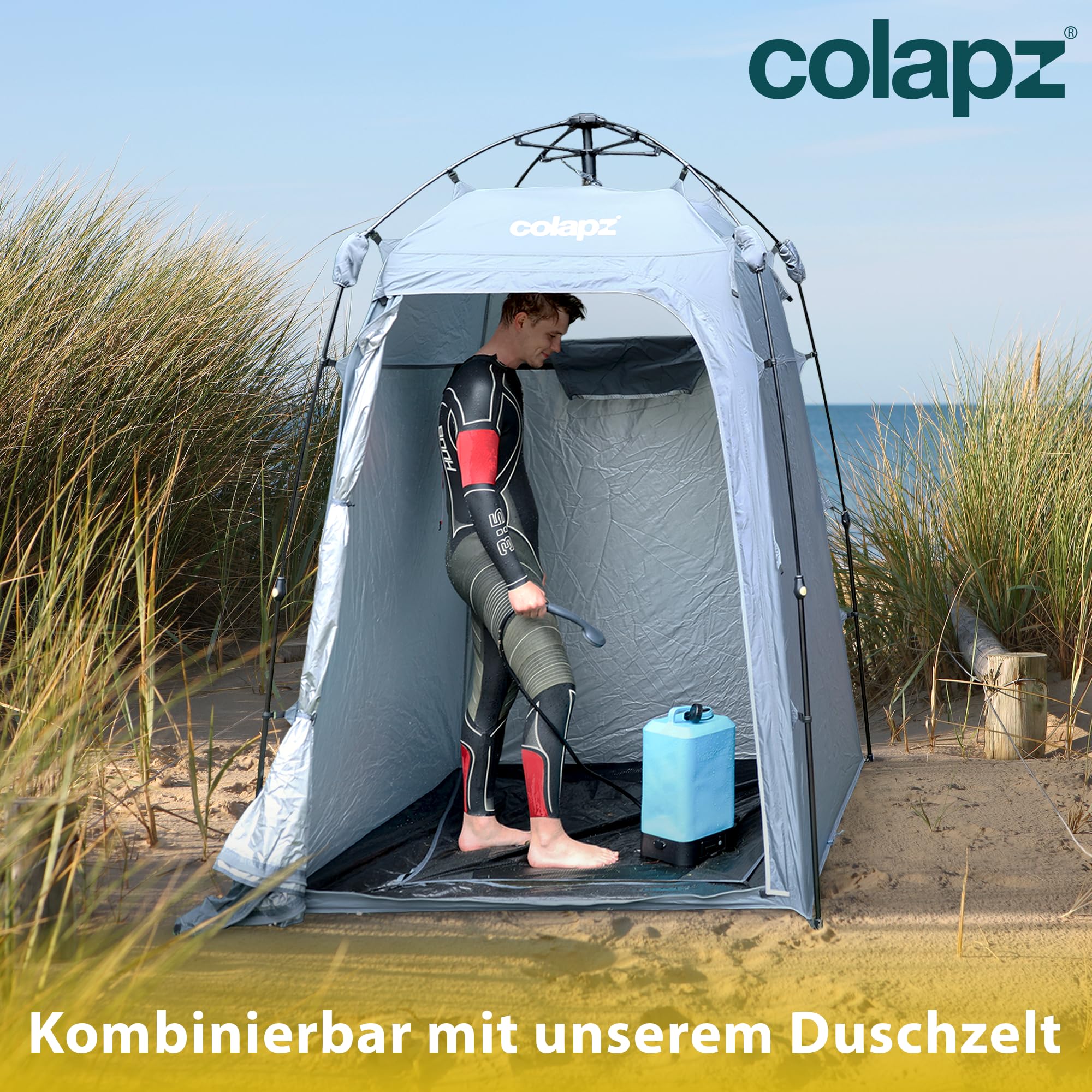 Colapz Elektrische Campingdusche mit Akku & 15L Wassertank – Tragbare Außendusche bis 42°C Warmwasser – Mobile Dusche für Wohnmobil, Van, Outdoor Reisen, Festival, Wandern & Garten