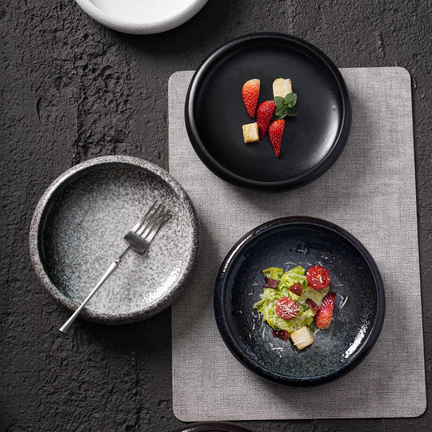 Uaral Japanese Salad Plate,8 Inch Black Plates and Bowls Set,Stoneware Pasta Bowl Set of 2,20 oz(Texture Matte Black) image 4