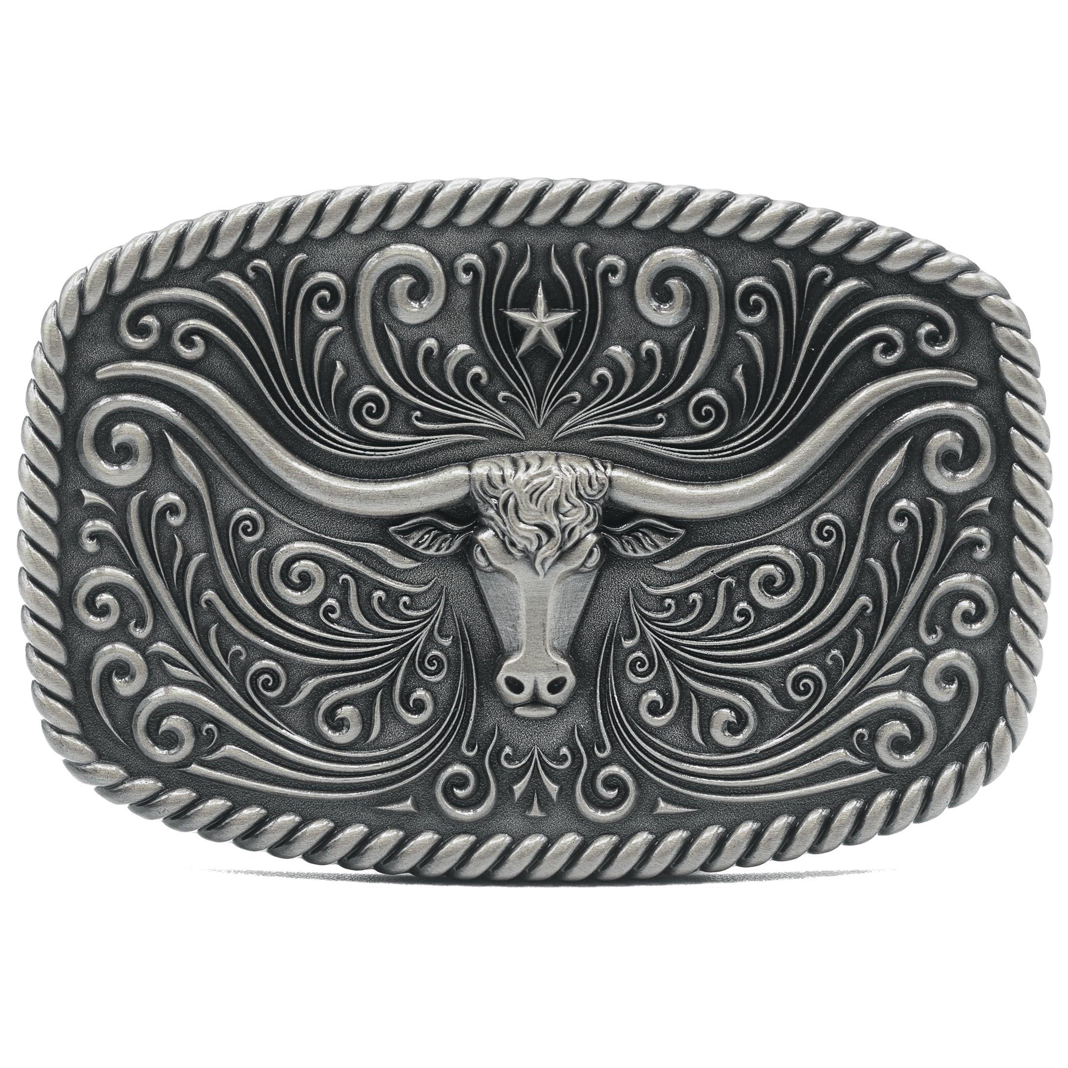 Western Longhorn Bull Belt Buckle-Large, Rodeo Buckles for Men & Women-Novelty Buckle, Antique Silver, One Size
