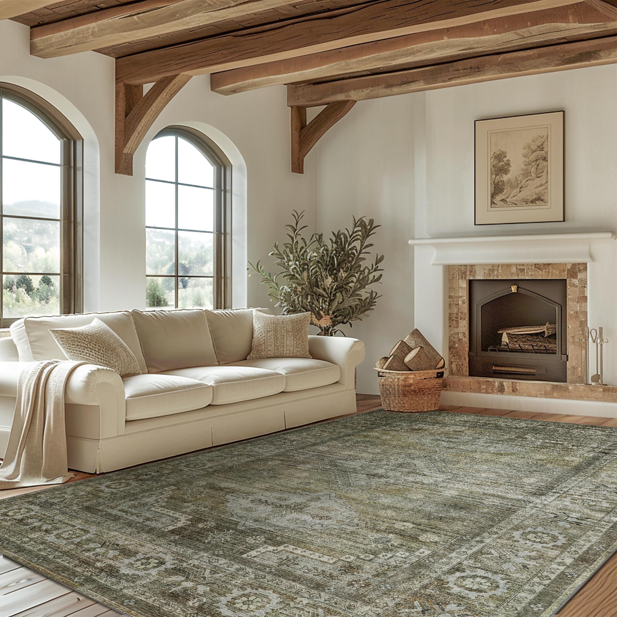 Area Rug 5x7 for Living Room Bedroom, Machine Washable Neutral Rug, Soft Vintage Print Sage Charcoal Carpet, Low Pile Mat with Non Slip Rubber Backing