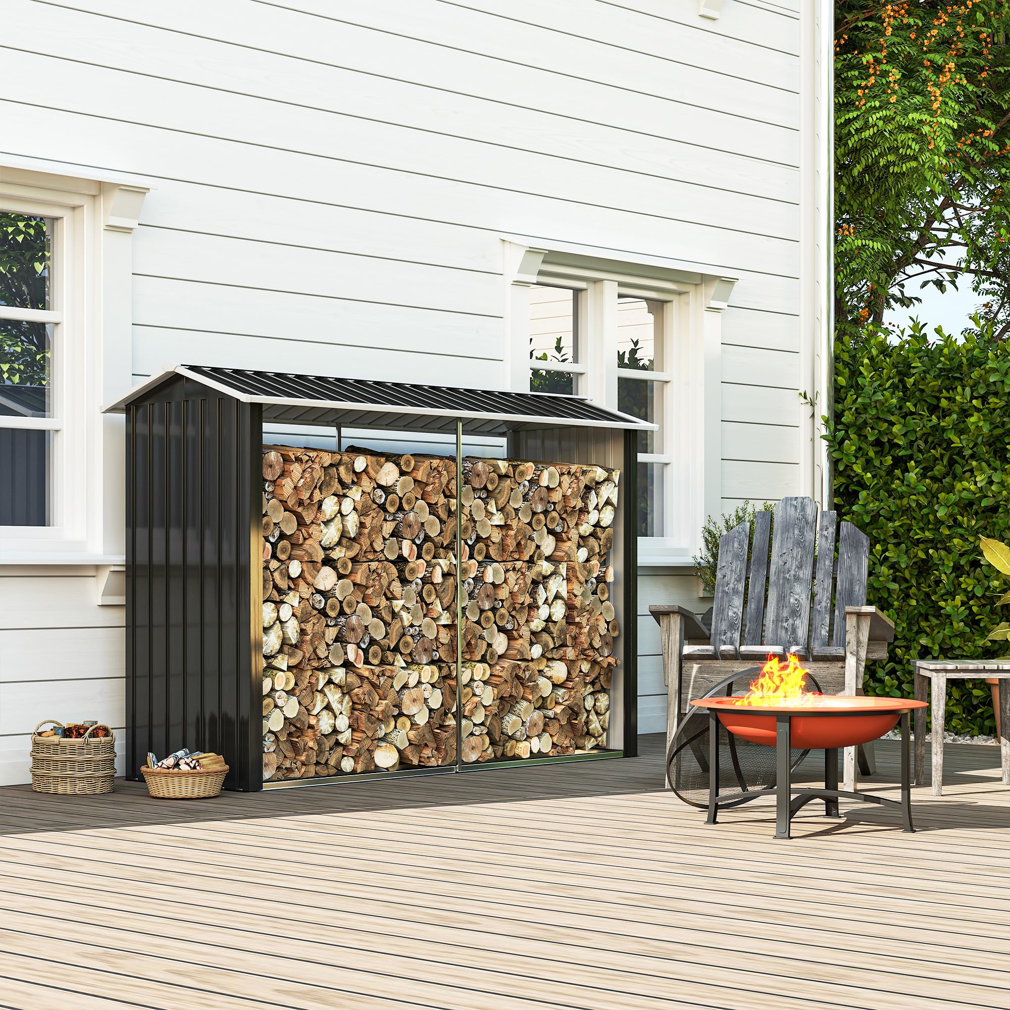 Outsunny Portalegna da Esterno Acciaio Galvanizzato 240x86x160cm Nero con Base Rialzata e Tetto Inclinato