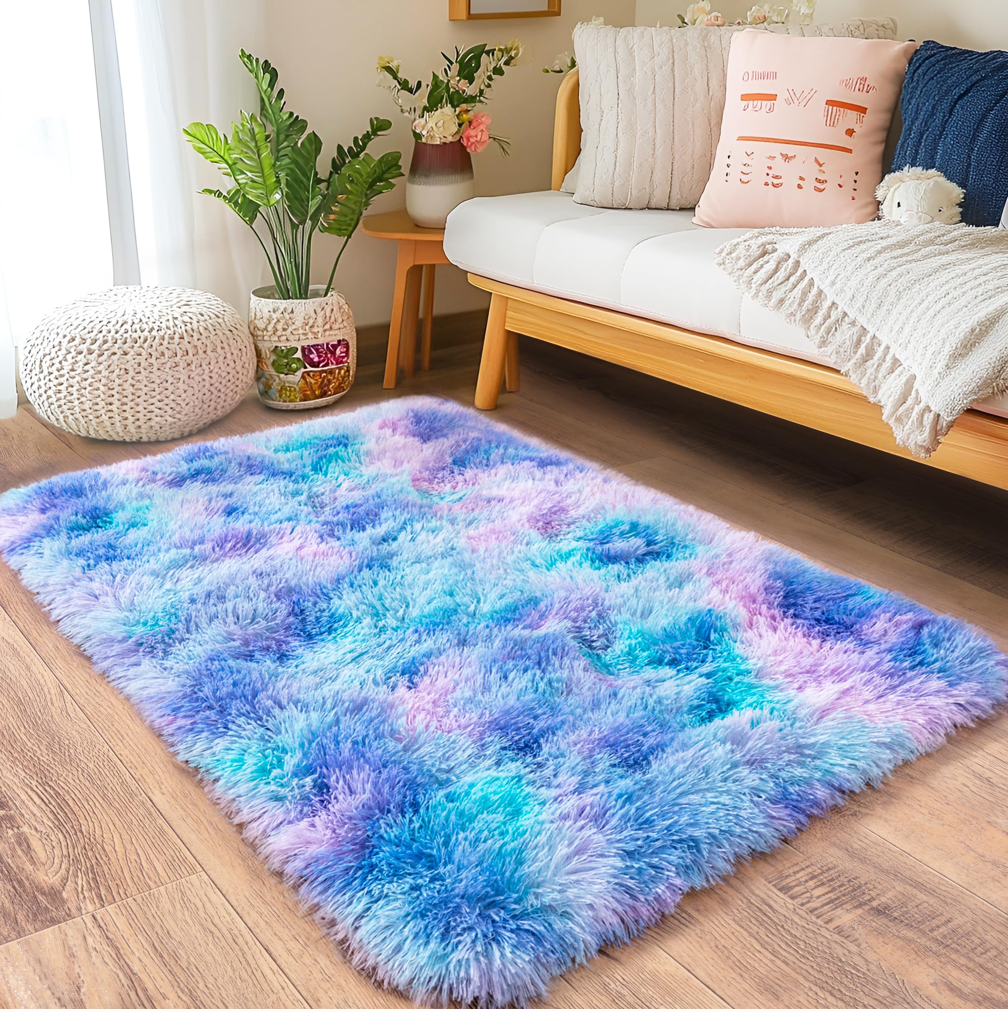 Quntue Small Rugs for Bedroom, Fluffy 2x3 Rug Throw Non Slip for Bedside Dorm Kids Room, Plush Comfy Shag Carpet for Home Decor Aesthetic, Rainbow