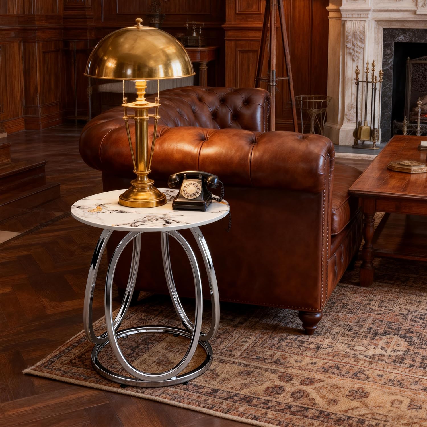 O&K FURNITURE Round End Table with Marbling Stone, Small Silver Side Table for Small Spaces, Nightstand with Shelf for Living Room, Bedroom, Office,Chrome Finish, 1 PC