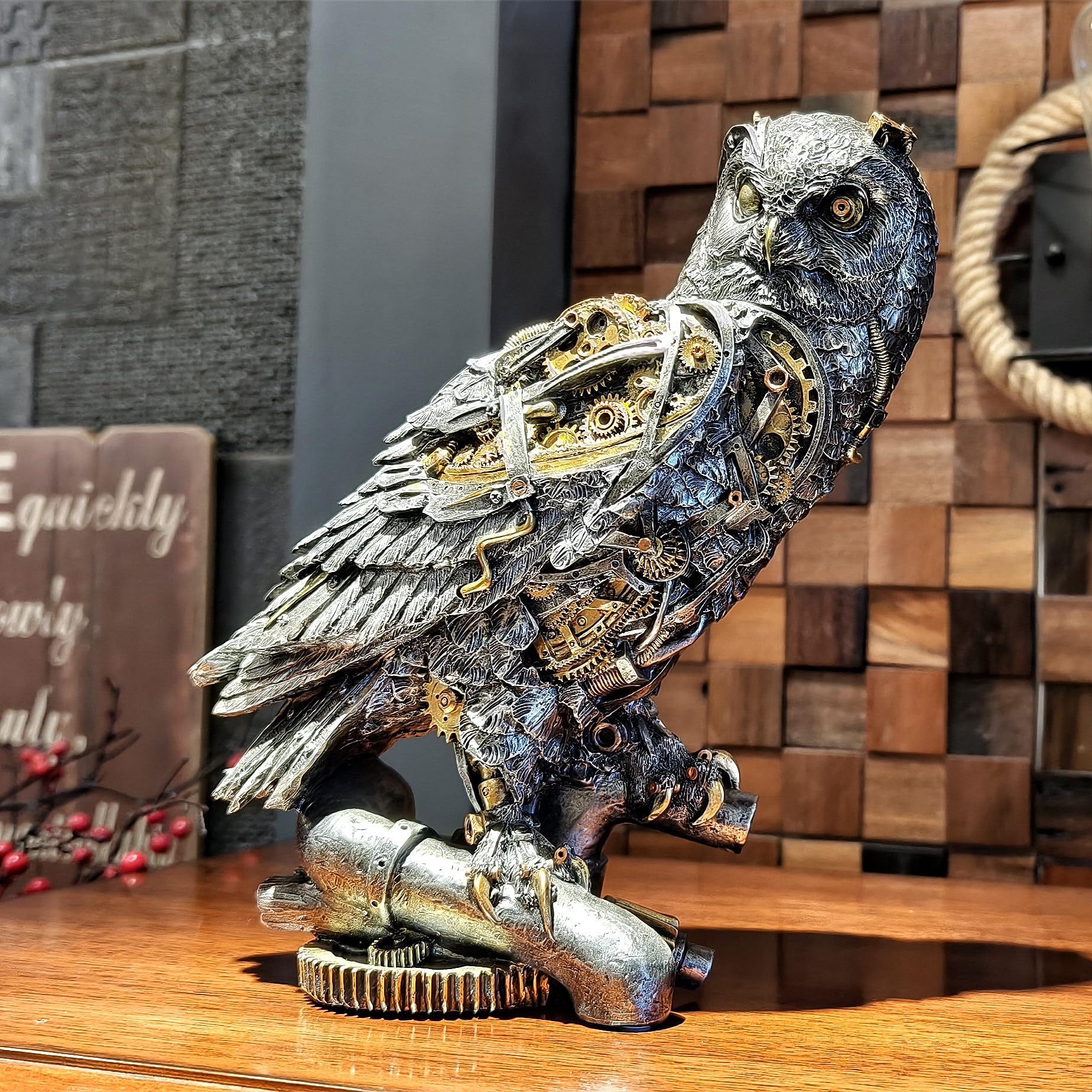 OUTOUR Steampunk Sowa Statua 39 cm H Metaliczny Srebrny Złoty Gotycki Kolekcjonerska Figurka Zwierząt Mądrość Prezent Sowa Rzeźba Dom Biuro Wystrój Salon Blat Wyświetlacz