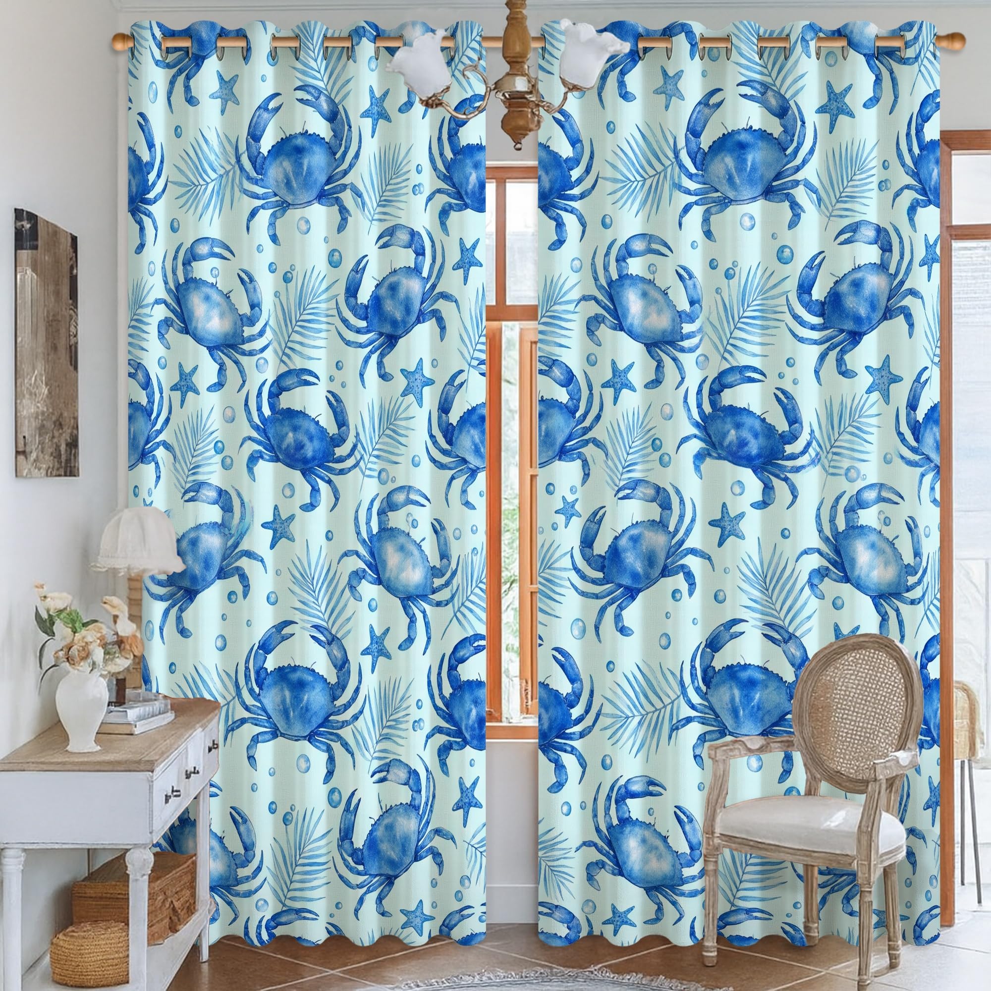 Rideaux occultants lavables en machine à imprimé crabe bleu de 132x241 cm