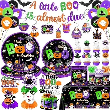 Halloween Baby Shower Decorations - 197Pcs A Little Boo is Almost Due Tableware Set Black Boo Themed Cute Spooky Halloween Party Supplies