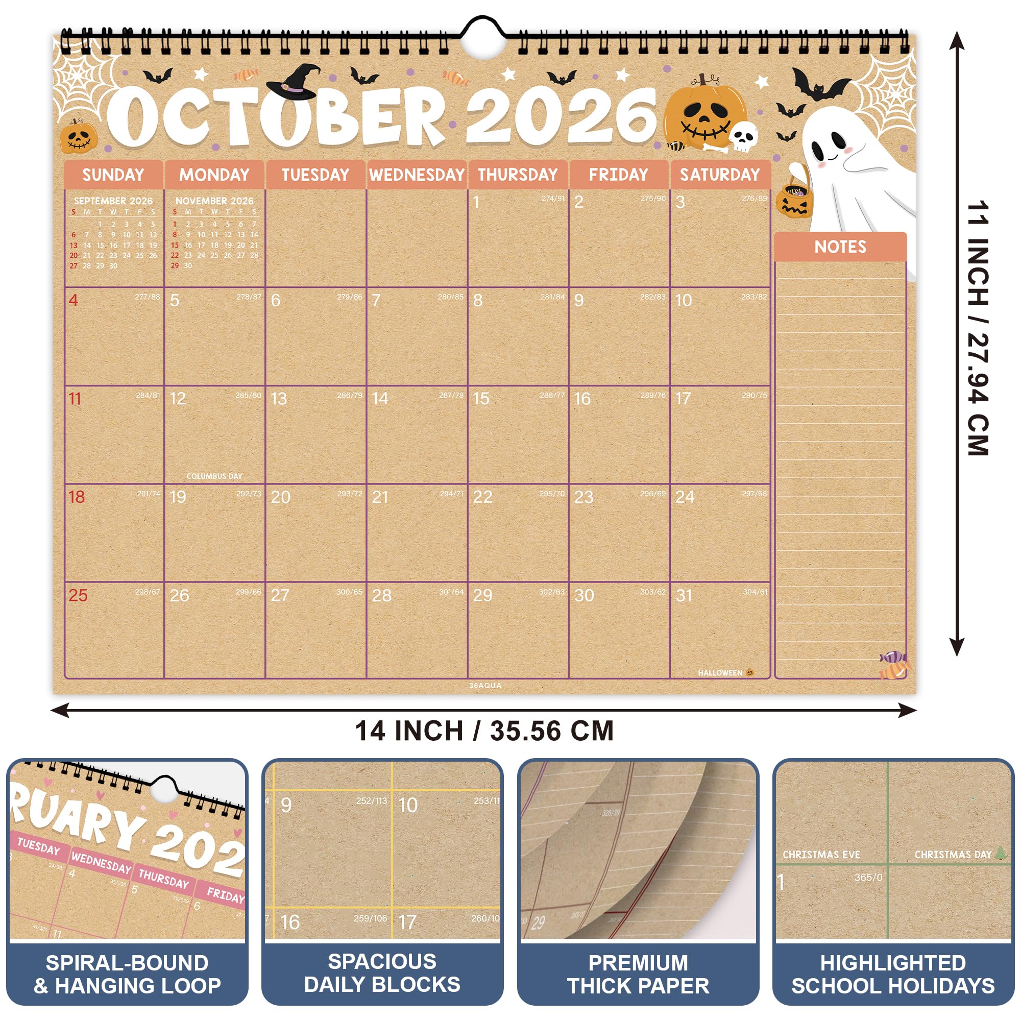 Minimalest Flip Background Kraftkalender von Juli 2025 bis Dezember 2026, Wandkalender mit Eckenschutz, Dickes Papier, Abreißseiten & Notizen, ideal für Zuhause, Büro oder Schule
