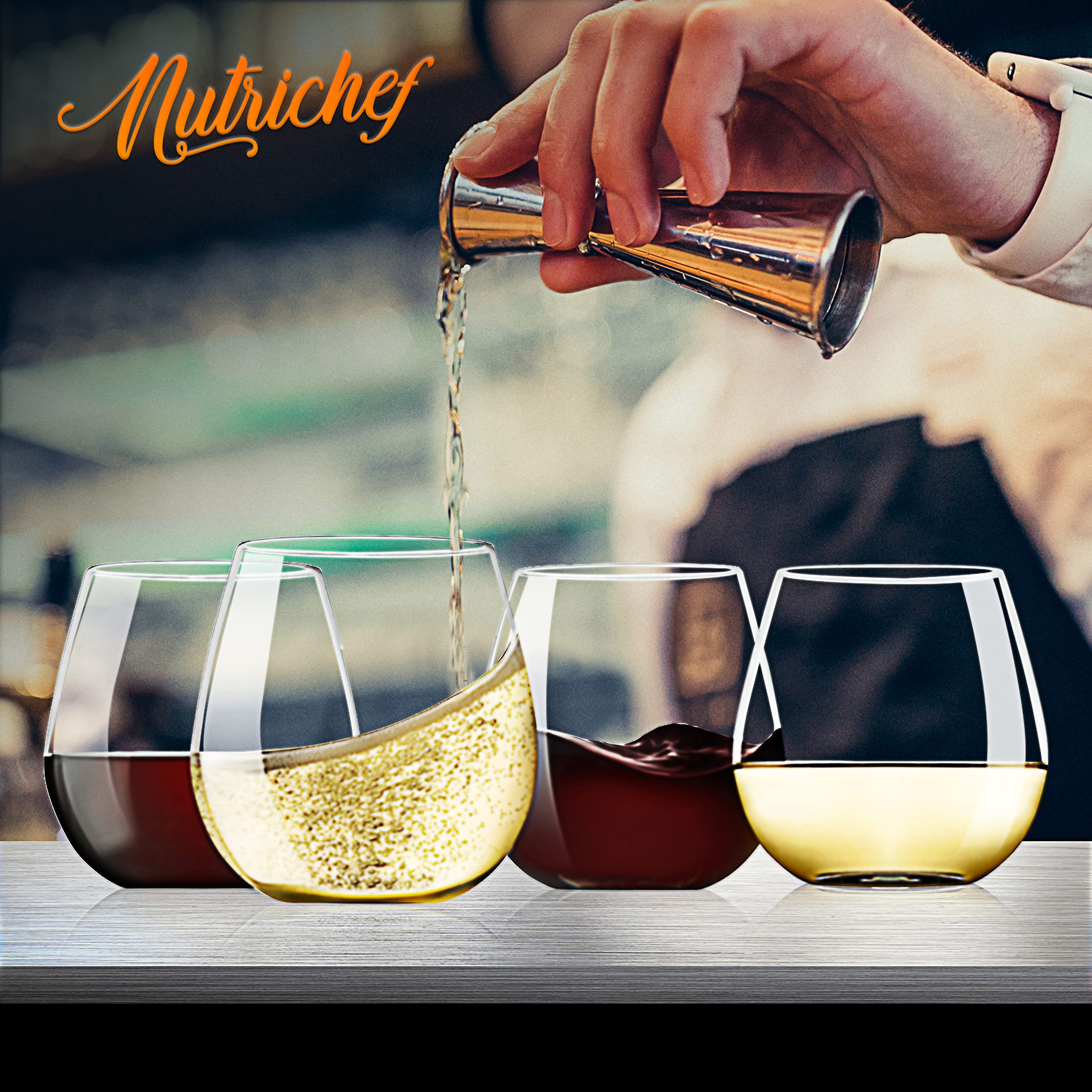 NutriChef Copas de vino sin tallo de 15 onzas, juego de 4 vasos de cristal transparente ultrafinos y elegantes, sin plomo, soplado a mano, sin costuras, apto para lavavajillas, para cualquier ocasión