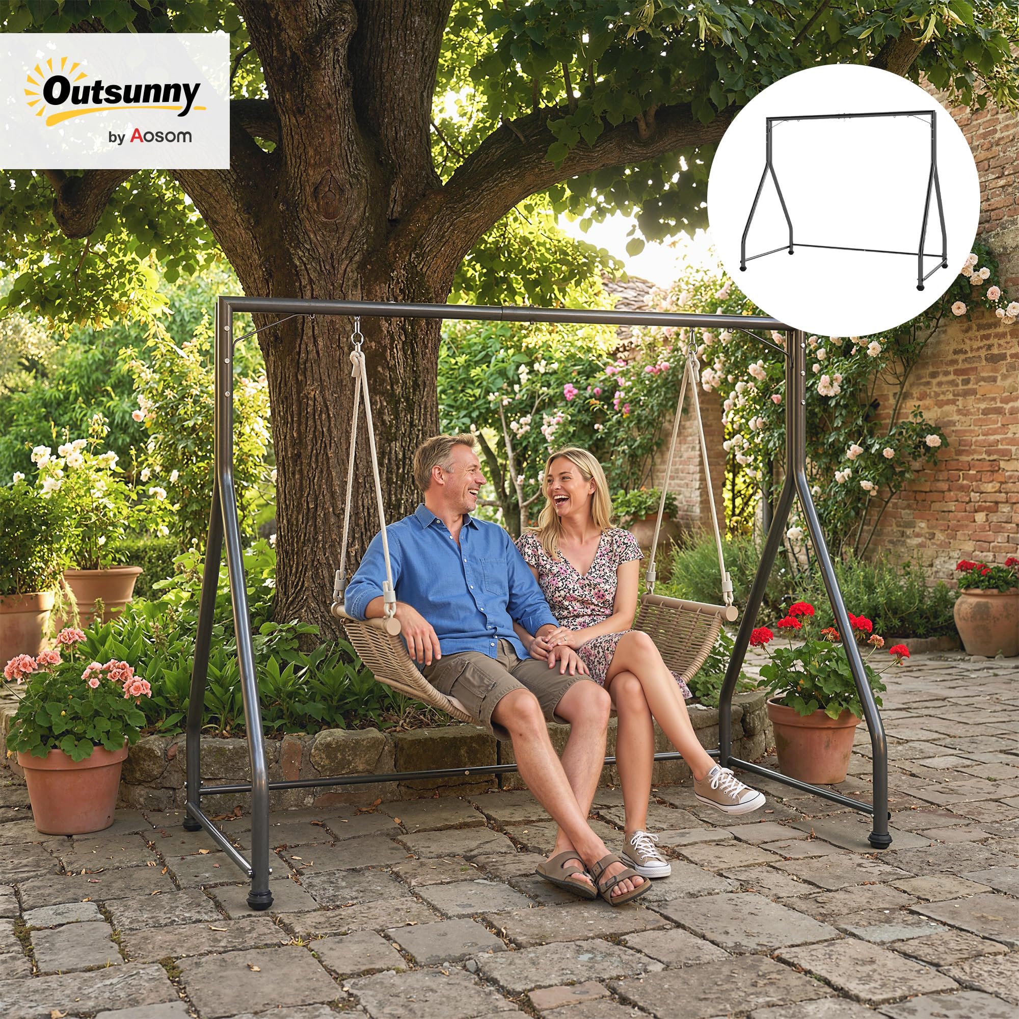 Outsunny Soporte para Columpio de Acero Estructura de Columpio de 2 y 3 Asientos o Cesta Colgante Resistente con Patas en Forma de A Carga 360 kg para Jardín Parque Patio Porche 210x117x175 cm Negro