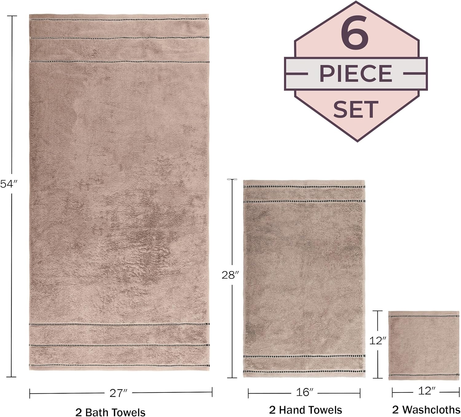 Lavish Home 6 Piece Bathroom Towels Set - 525GSM 100% Cotton Bathroom Essentials - 2 Bath Sheets, 2 Hand Towels, and 2 Wash Cloths for Bath, Shower, Gym, Spa, and Dorm Room (Taupe)