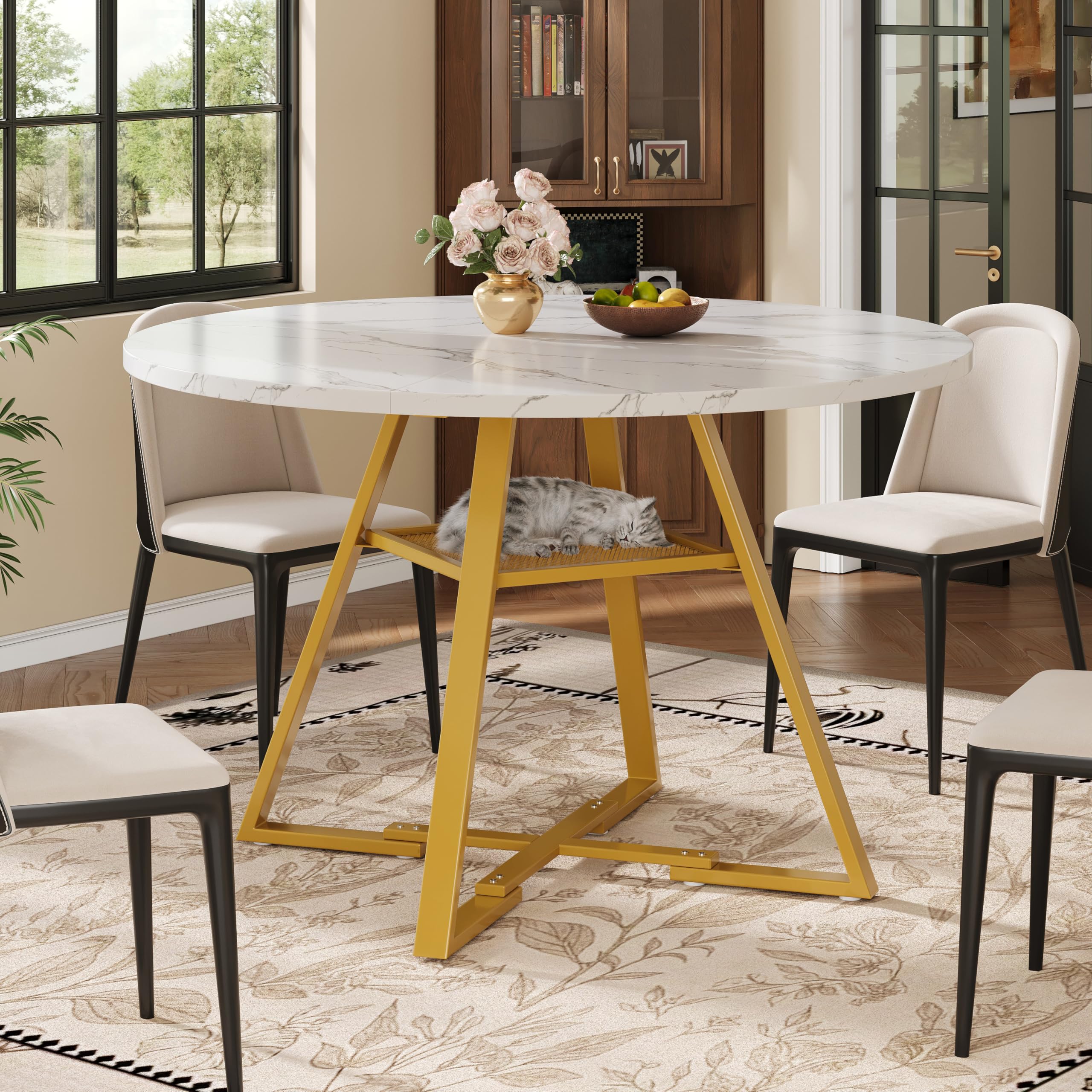 Table à manger ronde 120cm aspect marbre et métal avec étagère