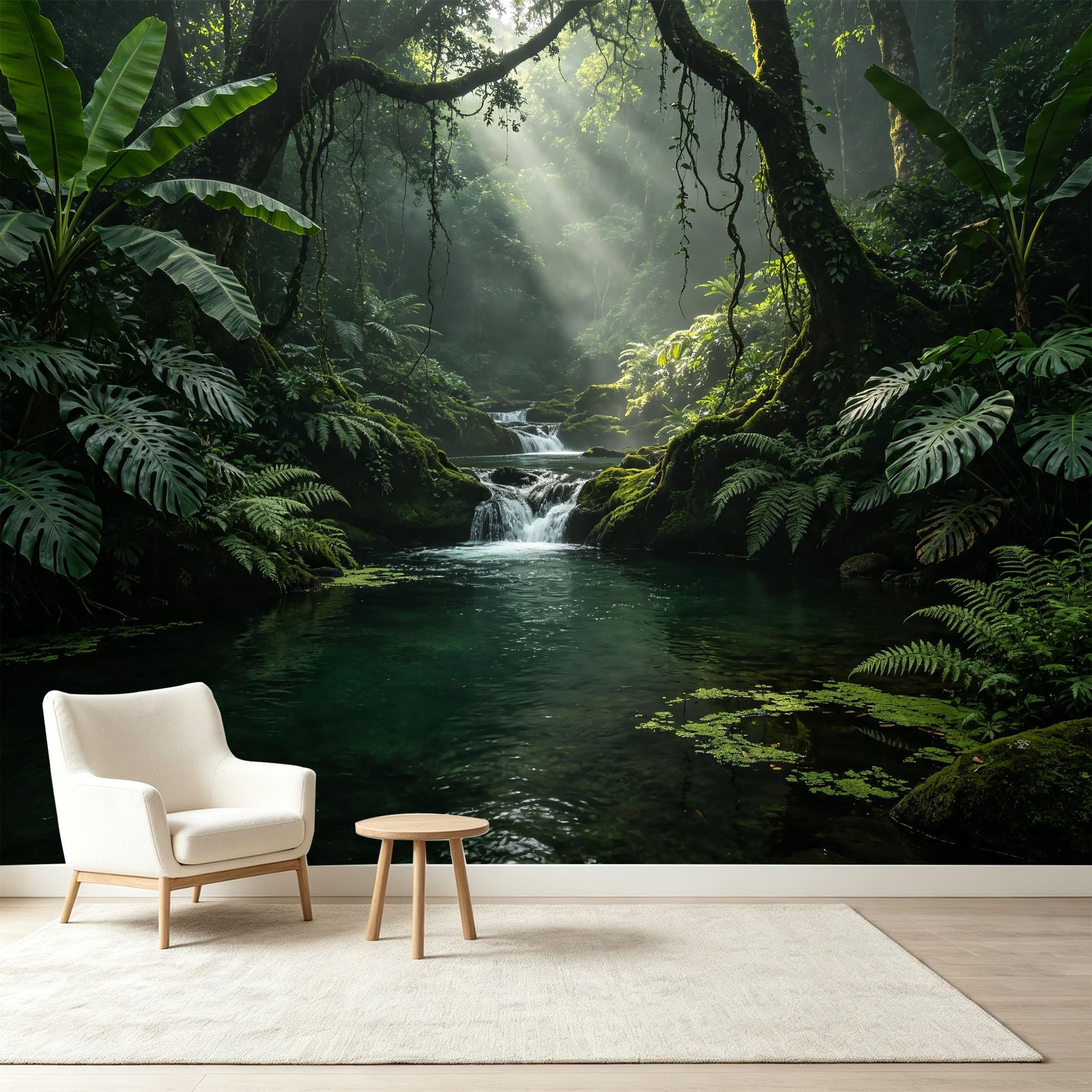 Custom Size Wall Murals Tropical Jungle Landscape Rainforest Stream Fern Leaves Self-Adhesive Wall Fabric Removable Wallpaper Wall Decor for Living Room Bedroom Bathroom