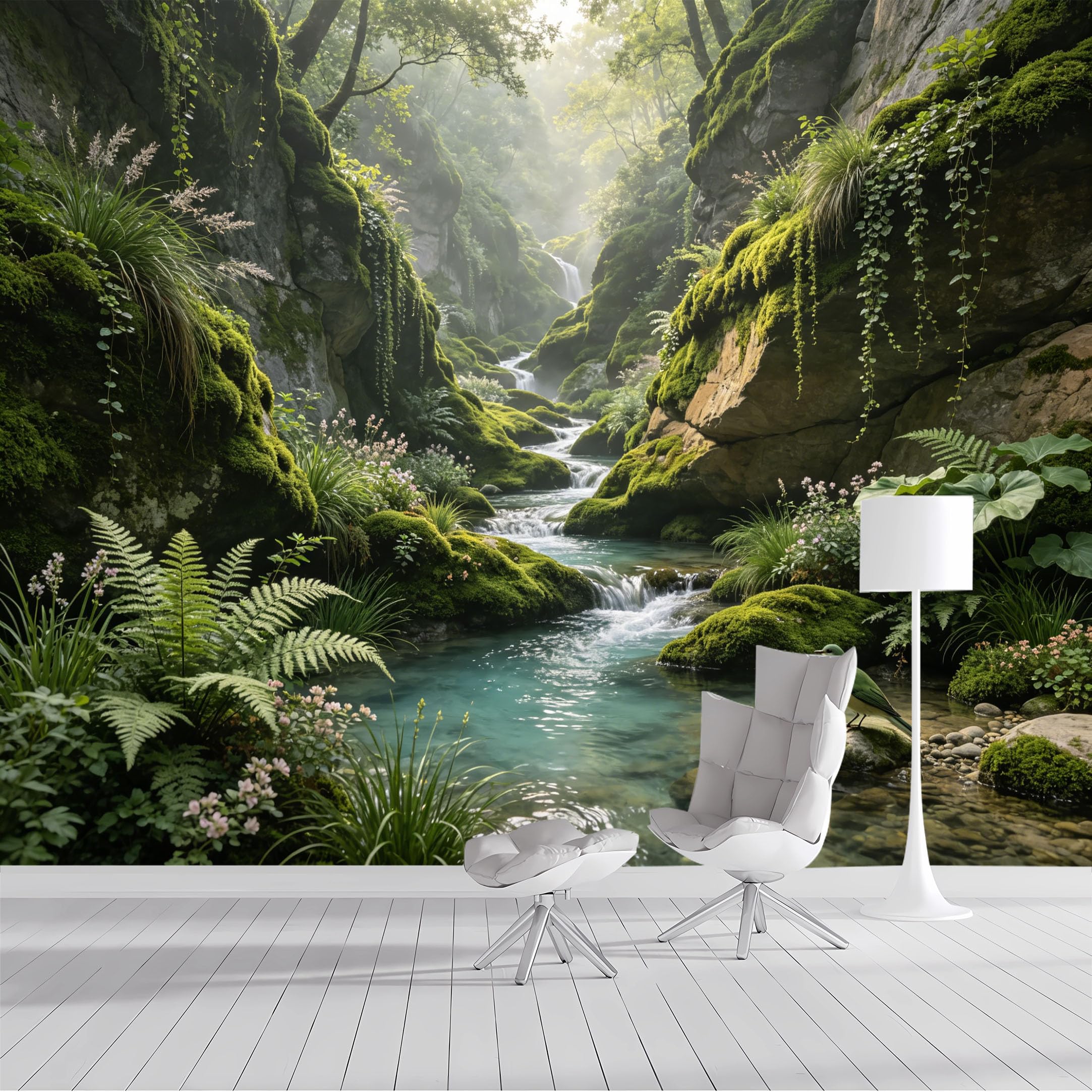 Custom Size Wall Mural Lush Forest Waterfall Serene Creek Watercolor Tropical Botanical SelfAdhesive Wall Fabric Removable Peel and Stick Wallpaper for Living Room Bedroom Bathroom