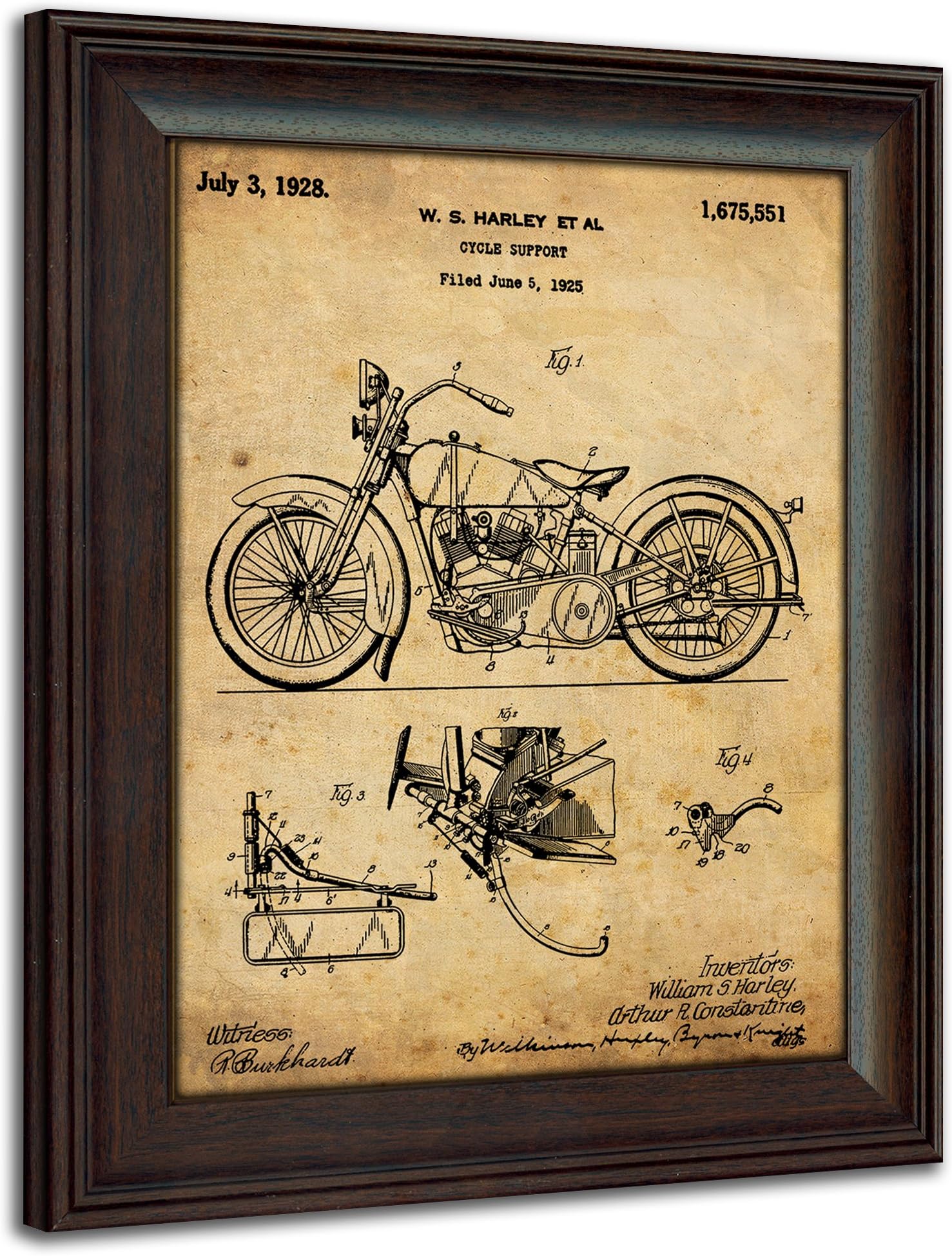 Harley Davidson Vintage Style US Patent Prints | Framed Behind Acrylic Motorcycle Wall Art (1925 - Harley Motorcycle)