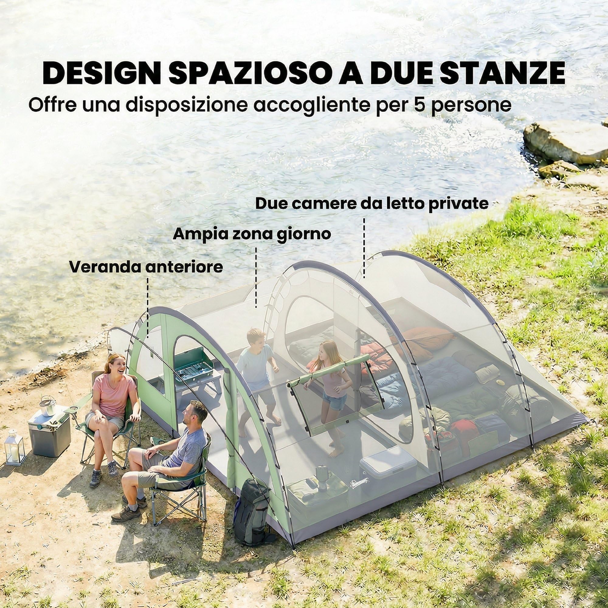 Outsunny Tenda Campeggio a Tunnel 5 Persone 196cm 2 Stanze Impermeabile 3000mm Verde Chiaro