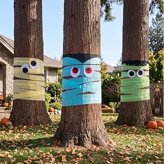 JOYIN 3 Pcs Halloween Outdoor Decorations, Halloween Tree Wrap Kit with Mummy, Frankenstein and Vampire Designs, Fabric Strips and Felt Decor for Lawn Tree Garden Porch Yard Party Supplies