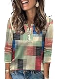 Womens Long Sleeve V Neck Tops Henley Shirts Color Block Printed Loose Fit Button Down Tunic Tops Casual Winter 2025
