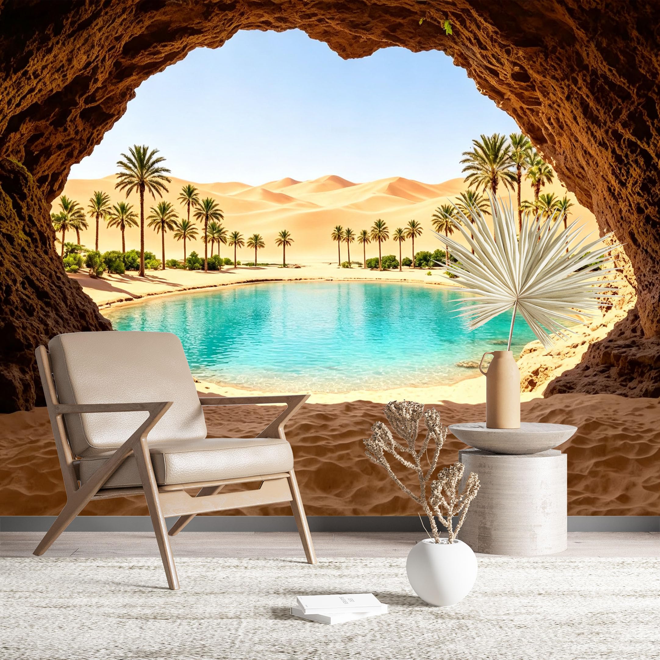 Custom Size Wall Murals Desert Oasis Seen Through Cave Arch HD Self-Adhesive Wall Fabric (NO PVC) Removable Wallpaper for Living Room Bedroom