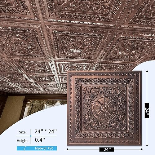 Miniatura 4 de Art3d Drop Ceiling Tiles, Glue up Ceiling Tiles, 2'x2' Plastic Sheet in Antique Copper (12-Pack, 48 Sq.ft)