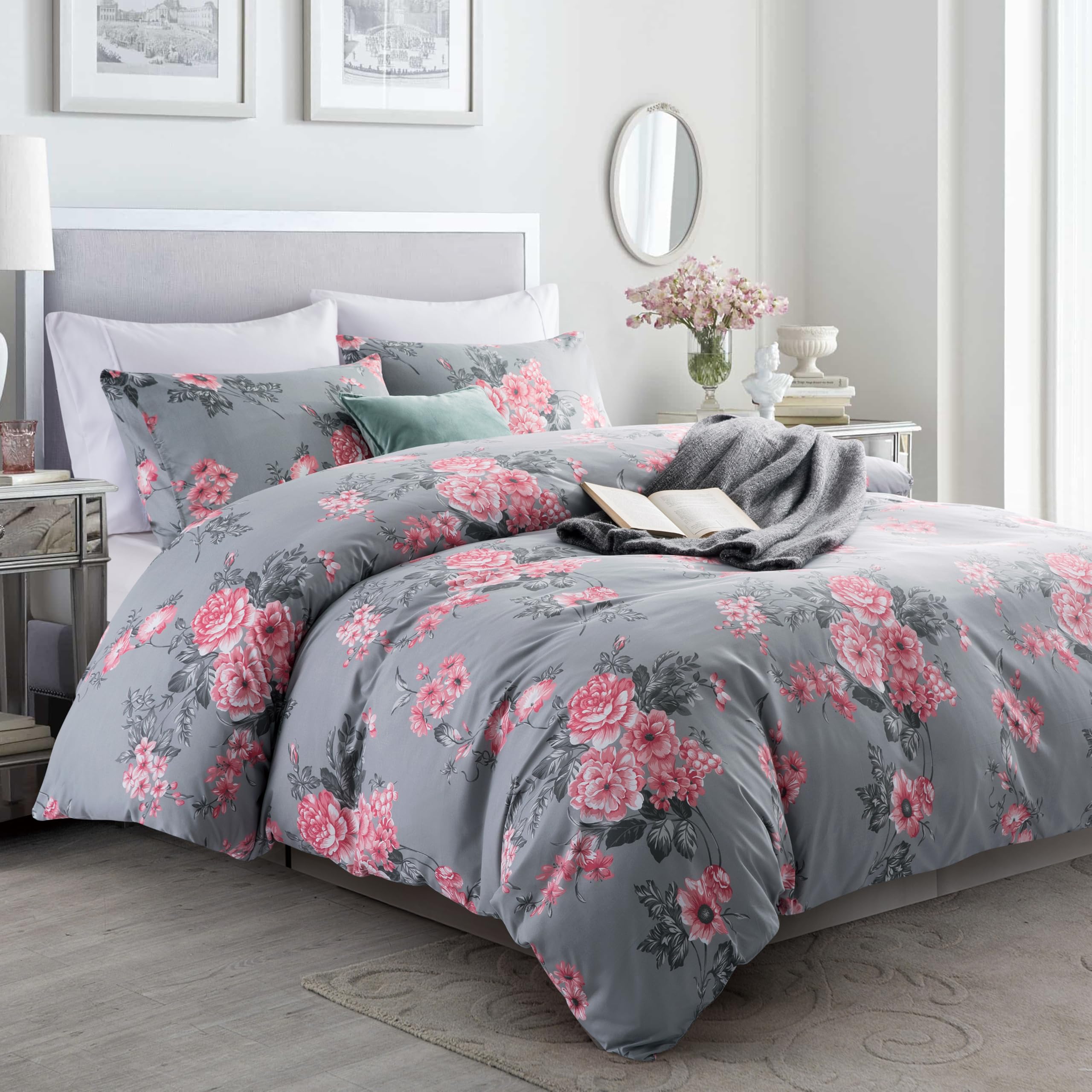 MOONLIGHT20015 Super King Duvet Set Soft Printed Luxury Bedding Sets Brushed Microfiber Duvet Covers with Pillowcases (Grey Bouquet 260x220 CM) - Image 2