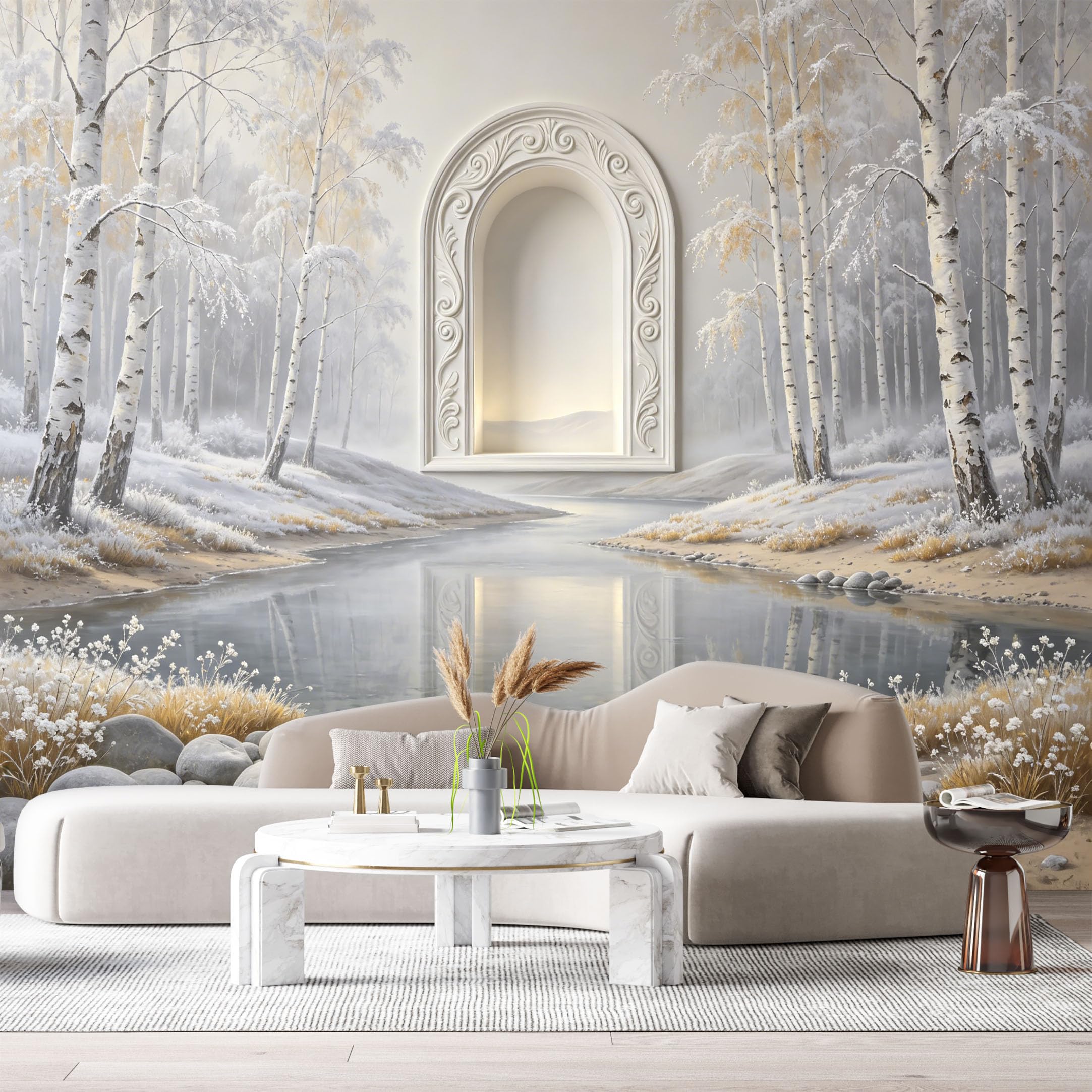 Custom Size Wall Murals Winter Birch Forest Lake Archway 3D Trompe L'Oeil SelfAdhesiveWall Fabric Removable Wallpaper Wall Decor for Living Room Bedroom Bathroom