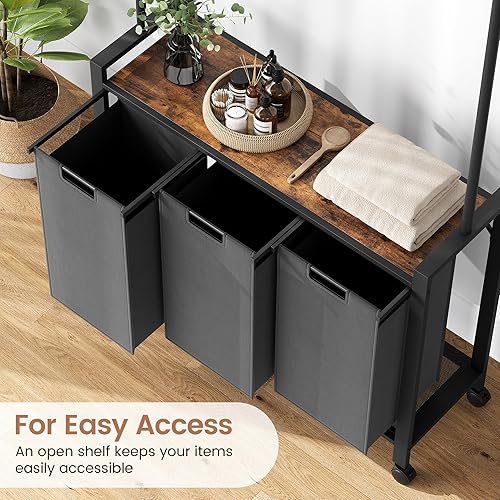 Miniatura 2 de GAOMON Clasificador de ropa sucia, cesta de lavandería de 3 secciones con estante para colgar, carrito de lavandería con ruedas, cesta extraíble y