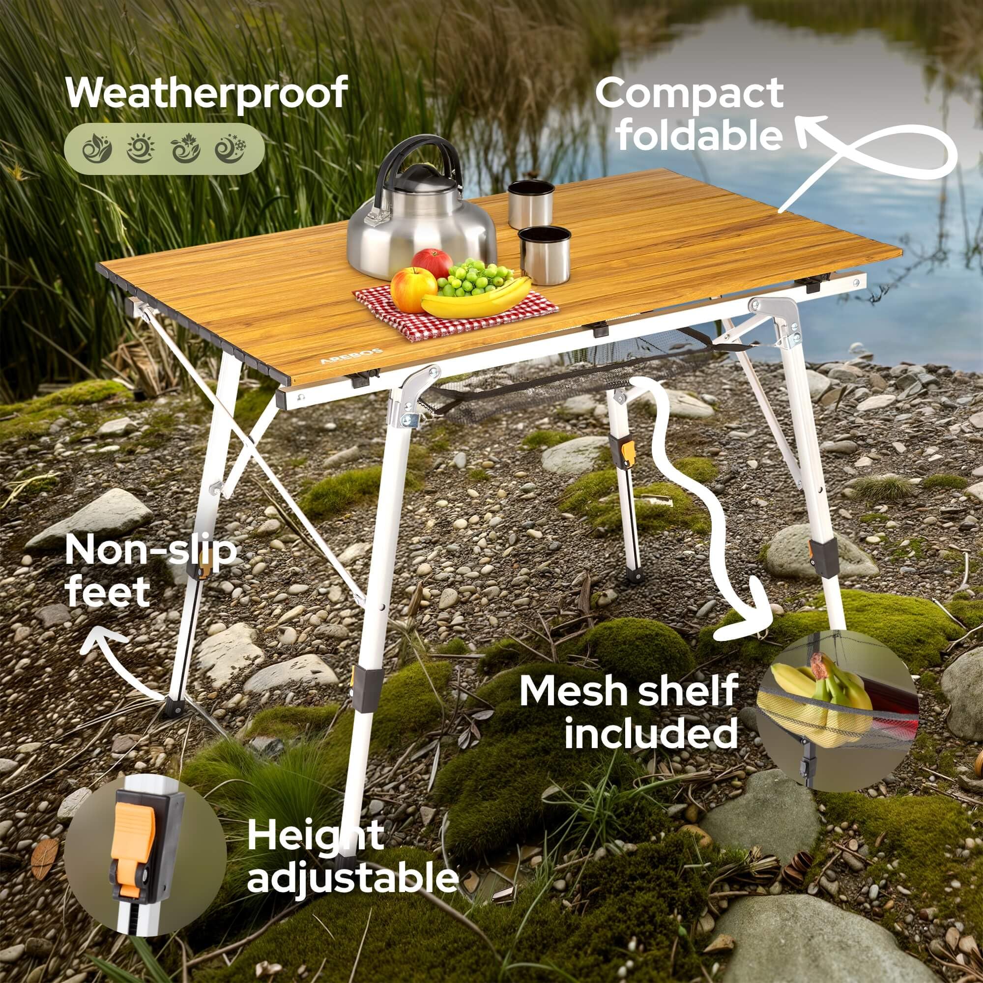 Arebos Mesa de Camping Plegable con Altura Regulable (47-69 cm), Accesorios para Camping, Jardín, Barbacoa, Picnic y Balcón, Mesa de Viaje, Incluye Bolsa de Transporte | Marrón