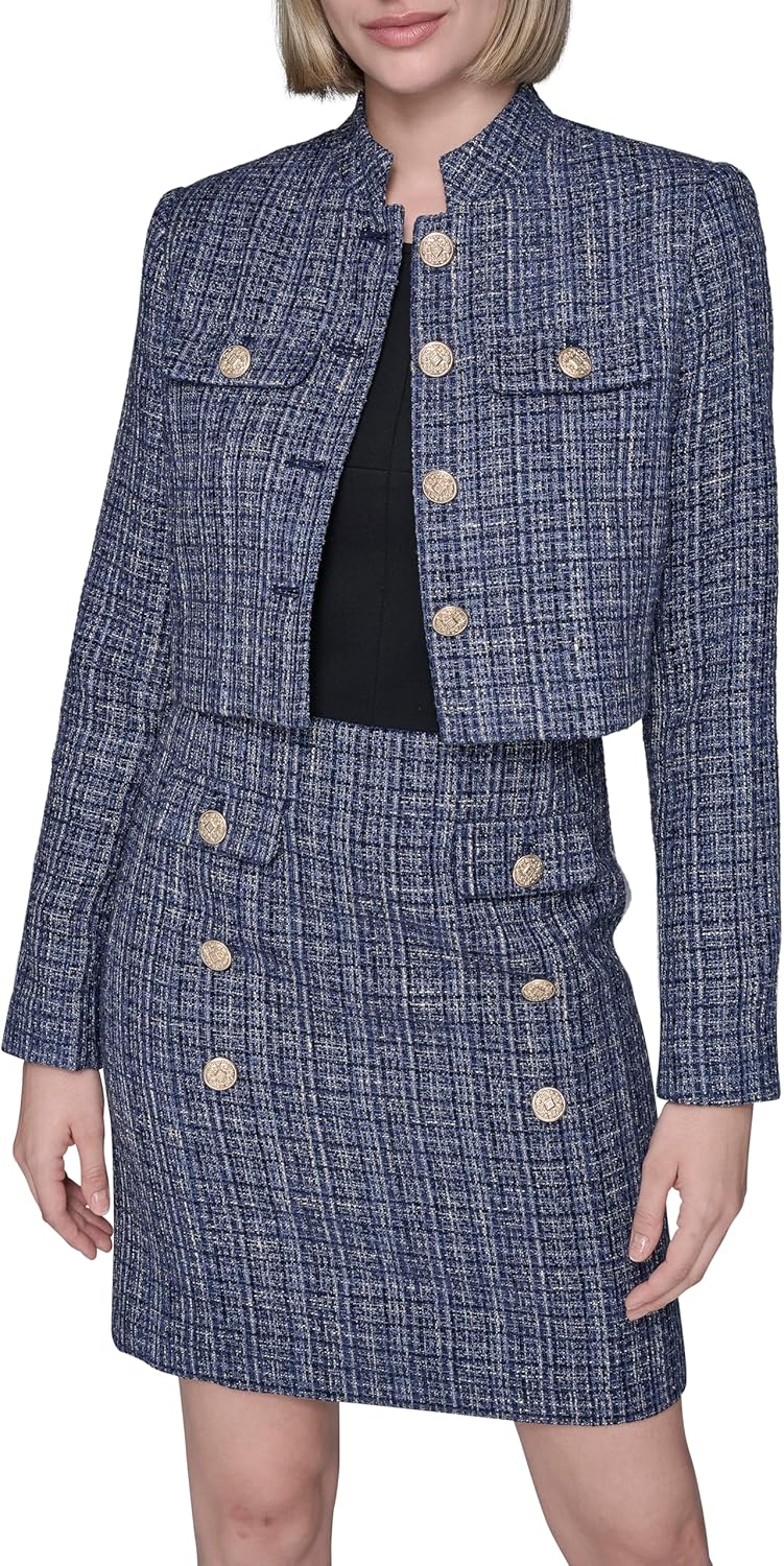 Karl Lagerfeld Womens Long Sleeve Embellished Tweed Cropped Jacket