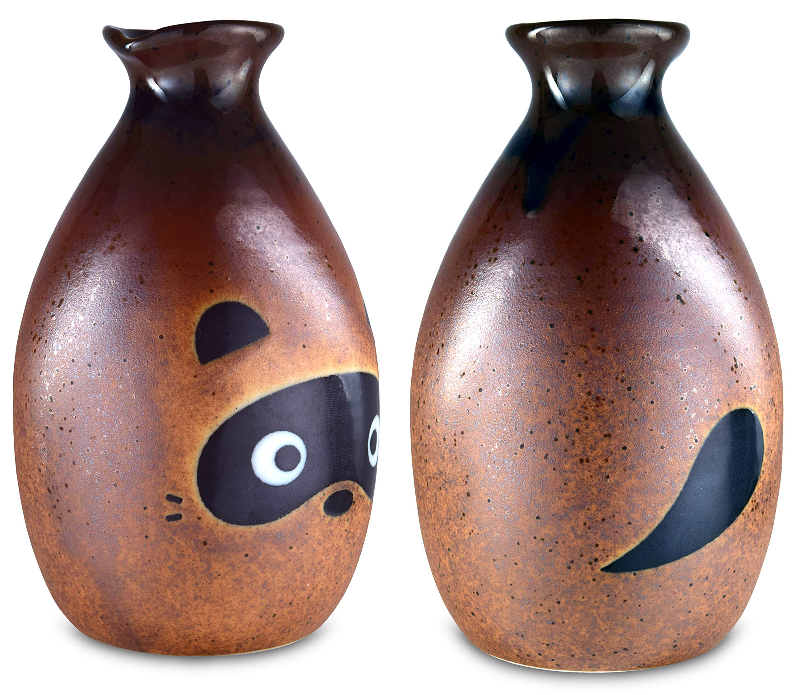 Mino Ware Traditional Japanese Sake Set, Tokkuri Bottle and 2 Ochoko Cups, Tanuki Japanese Racoon Dog
