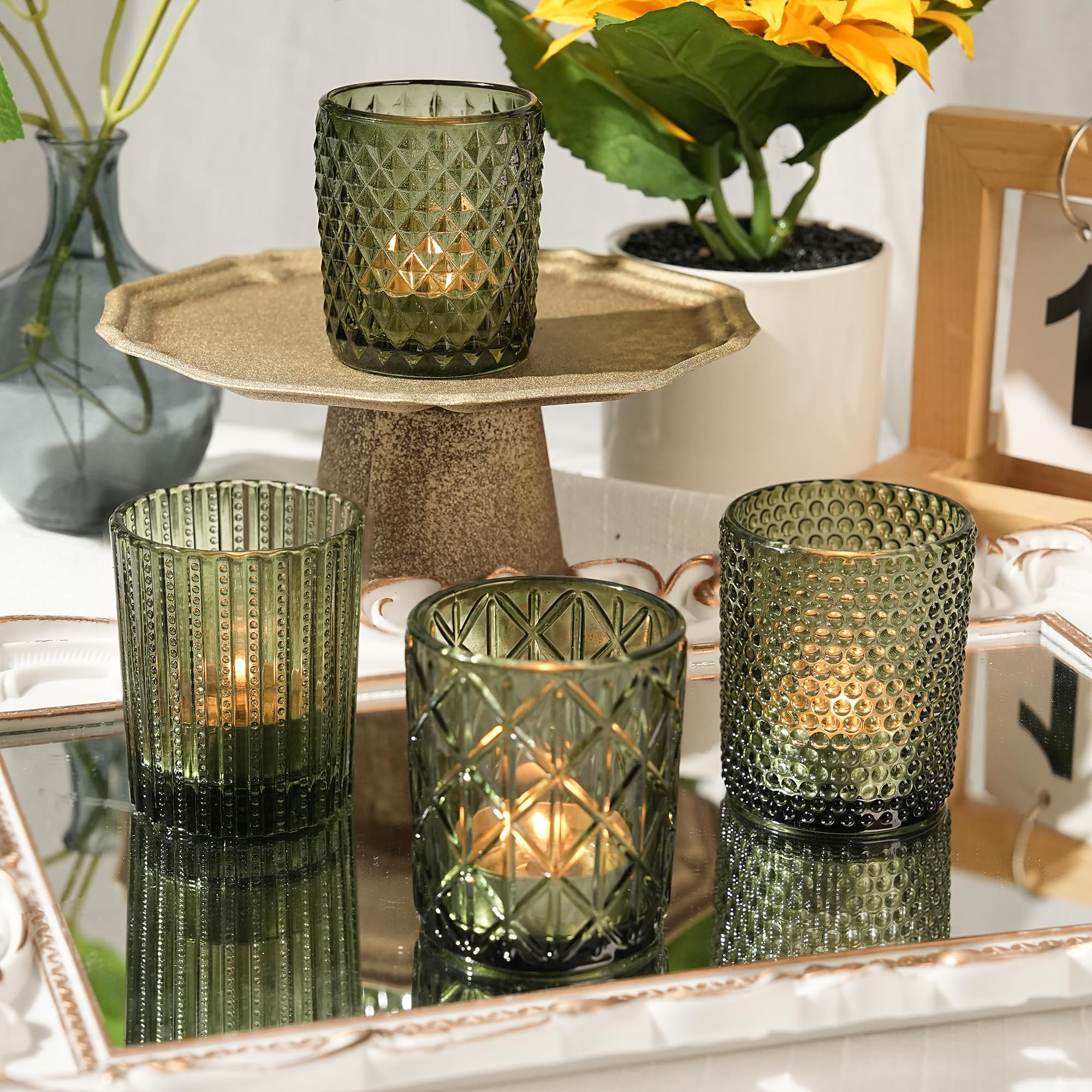 Green 4 Unique Patterns Glass Tea Light Holders Set of 4