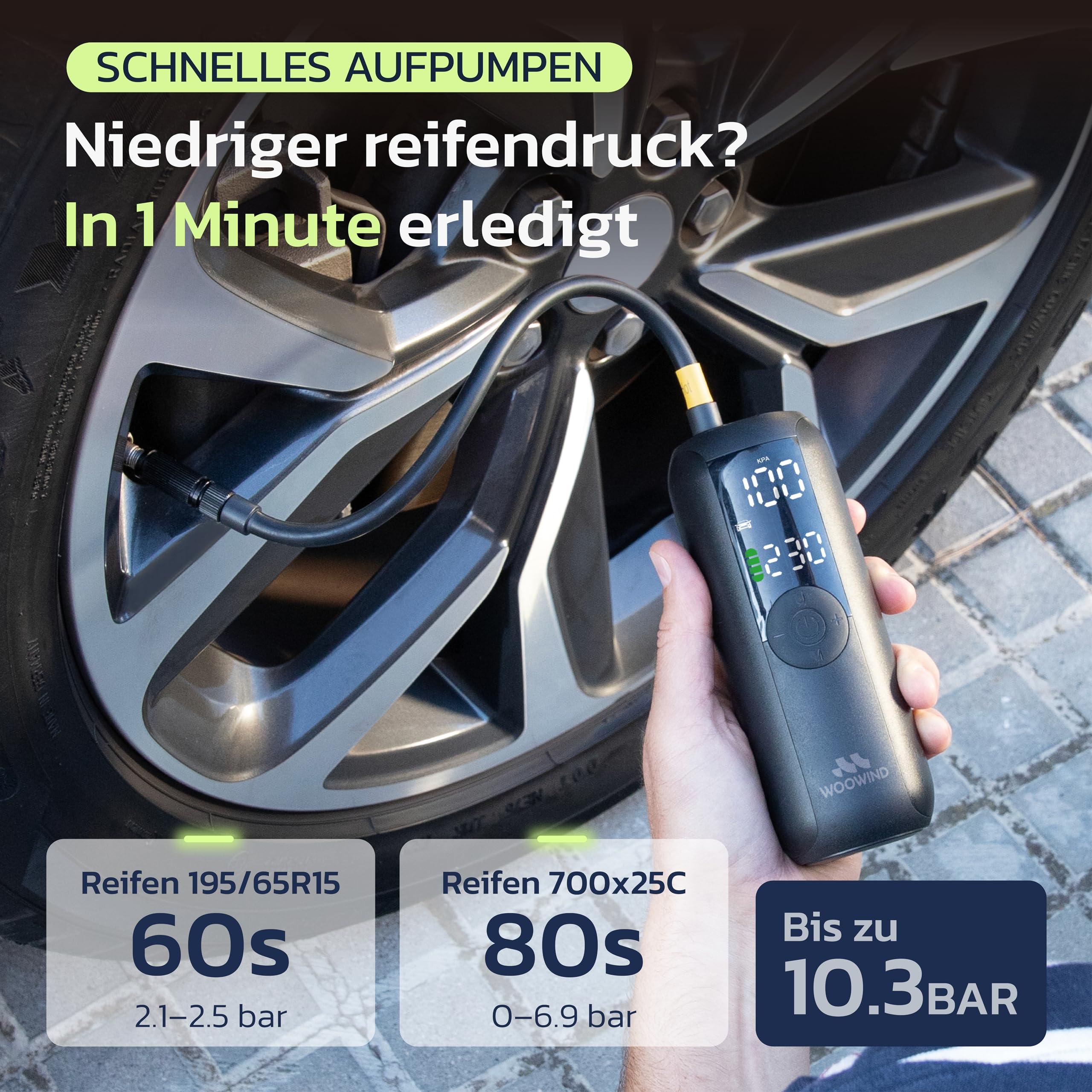 Woowind LP1 Luftpumpe Fahrrad, Fahrradpumpe Elektrisch, 1-Minuten-Aufpumpen, 150PSI/10,3Bar Akku Kompressor, Elektrische Luftpumpe, Automatischer Abschaltung, LCD-Display, LED-Licht