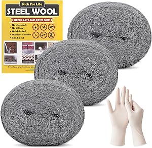 PICK FOR LIFE Steel Wool Mice Blocker 3 Pack 0000 Coarse Wire Wool Mice for Cleaning Rodent Control Gap Hole Filler Keep Rodent Rat Insect Pest out for Attic Garden Kitchen Garage with Gloves(3m/Roll)