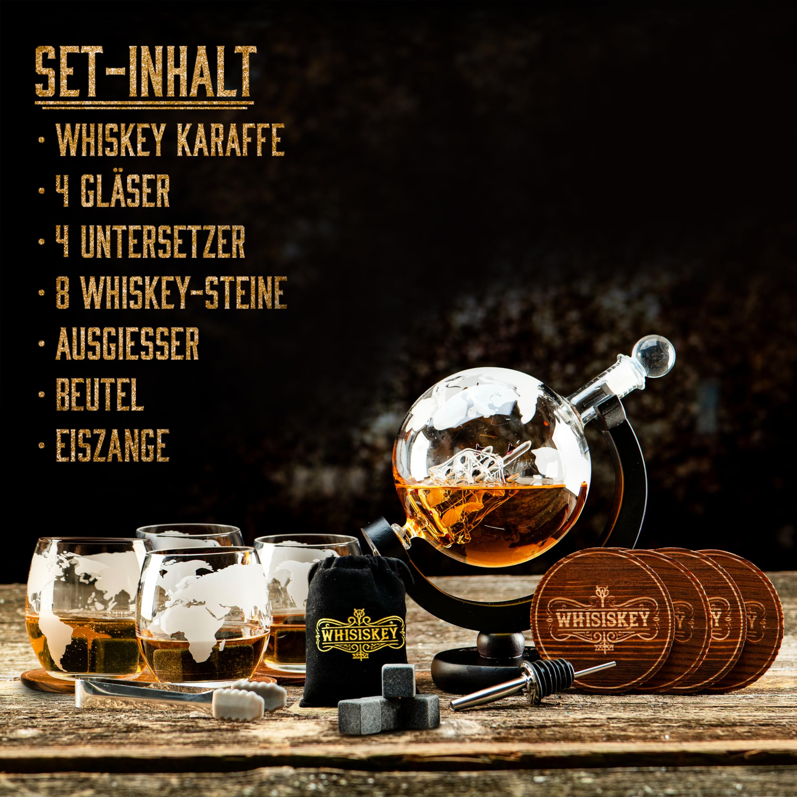WHISISKEY Whisky Karaffe Set - Whiskey Geschenkset - Geschenke für Männer - Männergeschenke Geschenk - Geburtstagsgeschenk Mann - Globus Dekanter 900ML, Geschenkbox, 4 Whisky Gläser, 8 Whisky Steine