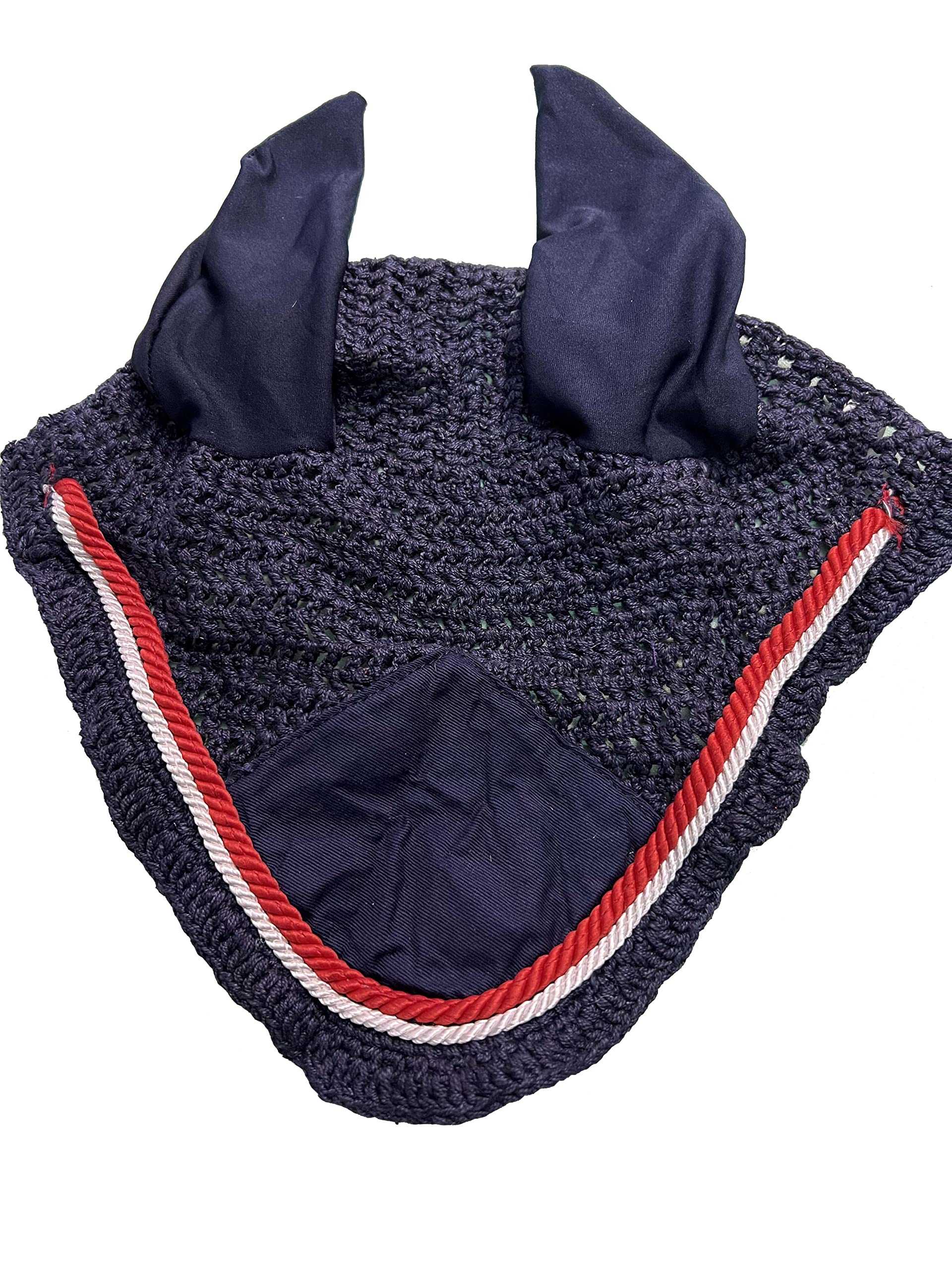Spire Voile de protection pour cheval en coton respirant doux au crochet - Capuche - Masque anti-mouches - Taille complète - Bleu marine/rouge/blanc