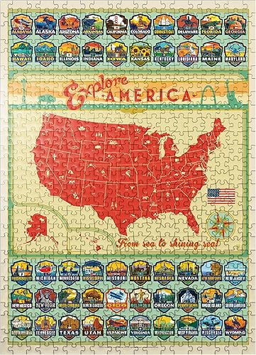 Explore America Map 50 emblemas estatales, póster vintage del orgullo estatal, rompecabezas premium de 500 piezas para adultos