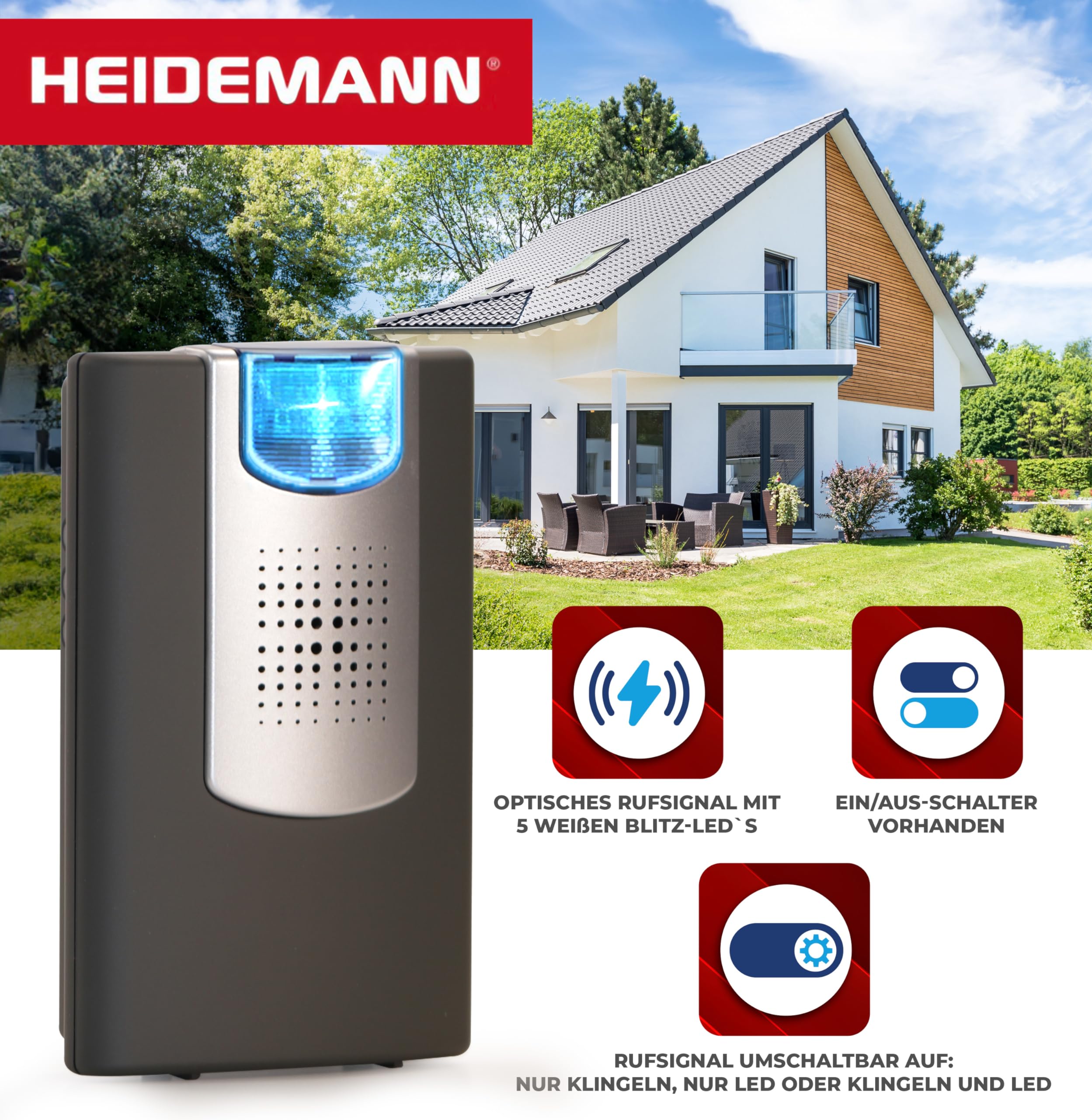 Heidemann Funkgong Set HX Action (max. Reichweite 150 m, Lautstärke 4-stufig regulierbar 90 dB, 8 Melodien einstellbar, Klingel, inkl. Sender + Empfänger) 70835