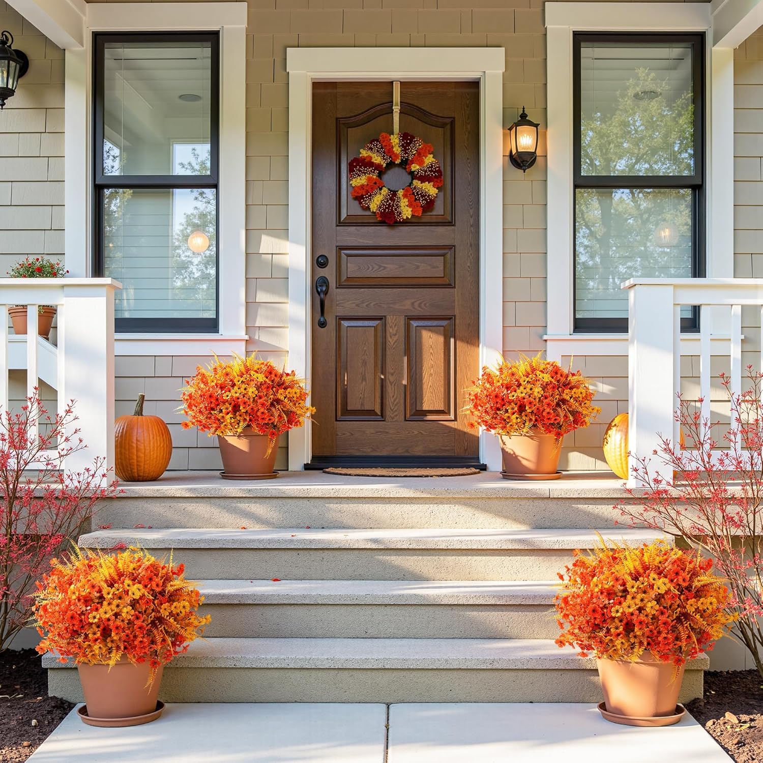 Artificial Mums Fall Flowers for Outdoors, 12 Bundles Fake Mums Faux Plants for Outdoor Planters Autumn Decorations,UV Resistant Silk Flowers for Front Porch Garden Patio Home Decor (SET1) - Image 5