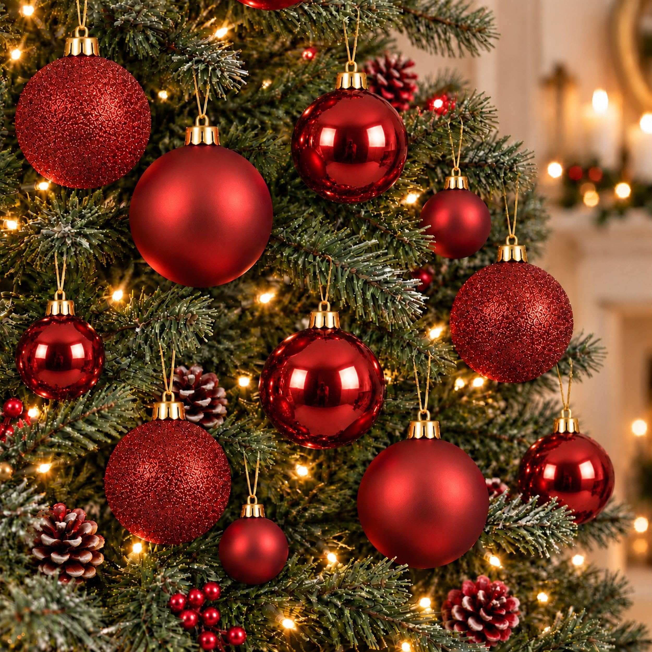 30 red baubles - round bauble decorations - christmas tree hanging ornament - 4cm 40mm 5cm 50mm 6cm 60mm baubles - matt, glitter & gloss finish - tree wreath garland decorations